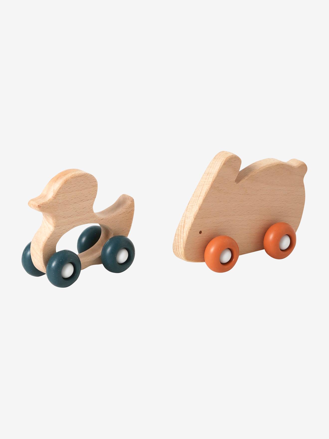Set de 2 animaux à roulettes en bois et silicone orange
