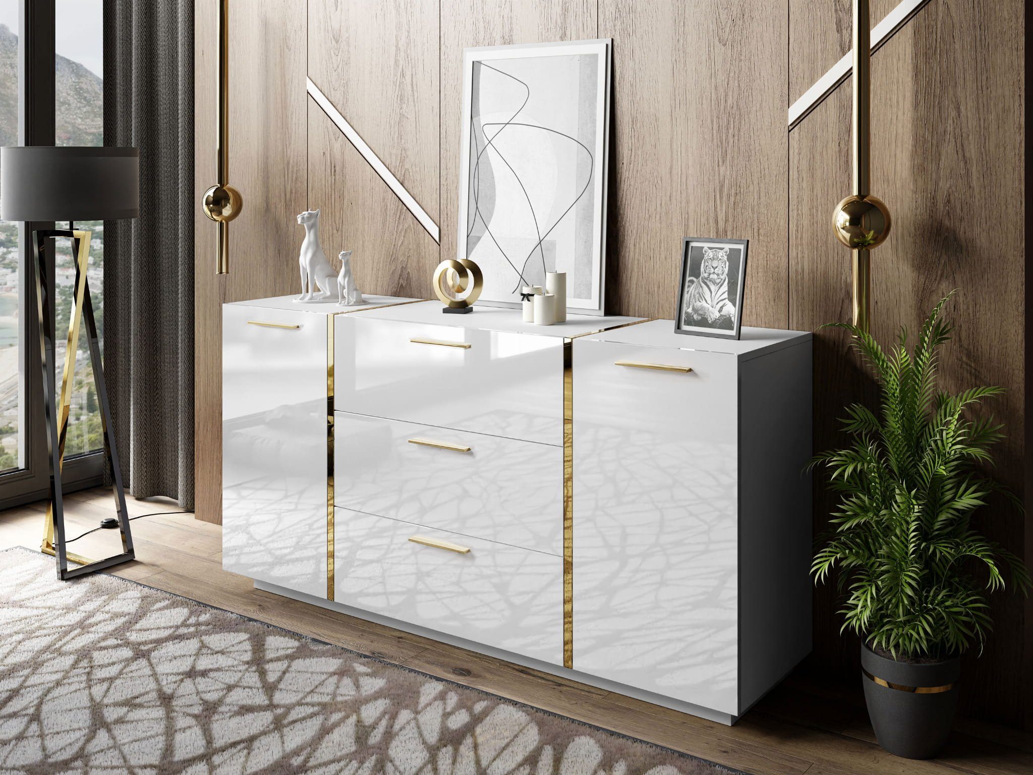 yourhouse24 Kommode ONYX Sideboard Hochglanz Push-Open / Goldgriffe 158 cm