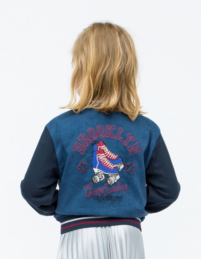 Teddy en jean marine bi matière avec broderies fille
