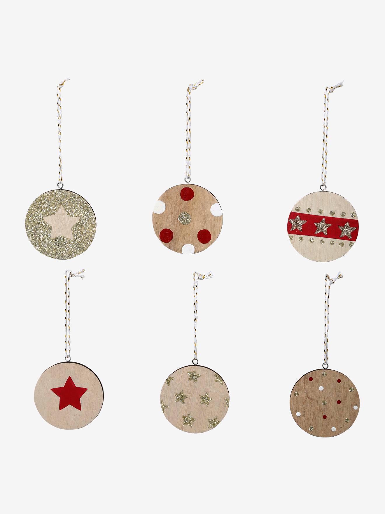 Lot de 6 boules de Noël plates en bois naturel