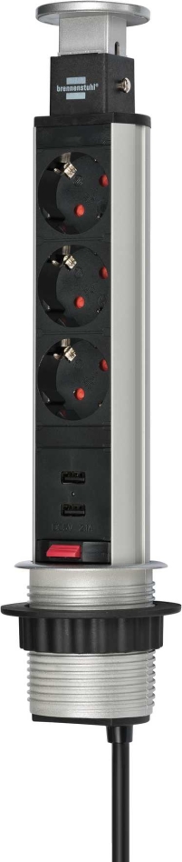 Ciabatta multipresa Brennenstuhl 1396200013 Tower Power con caricatore USB a 3 vie e doppio ingresso di ricarica USB, 2 m, modello H05VV-F 3G1.5, completamente incassata nel piano del tavolo.