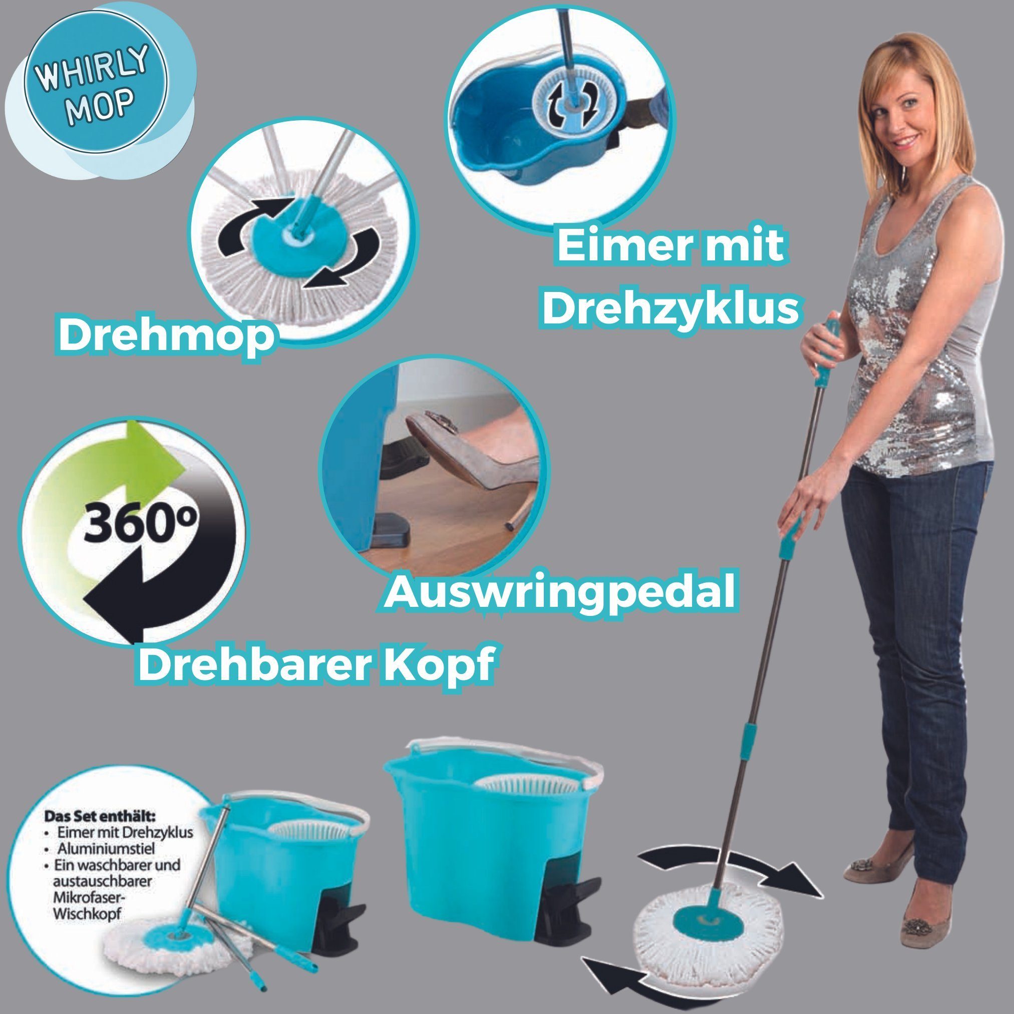 Best Direct® Wischmopp Whirly Mop, beutellos, Komplett Set mit Eimer und Pedal zum Auswringen, Bodenwischer