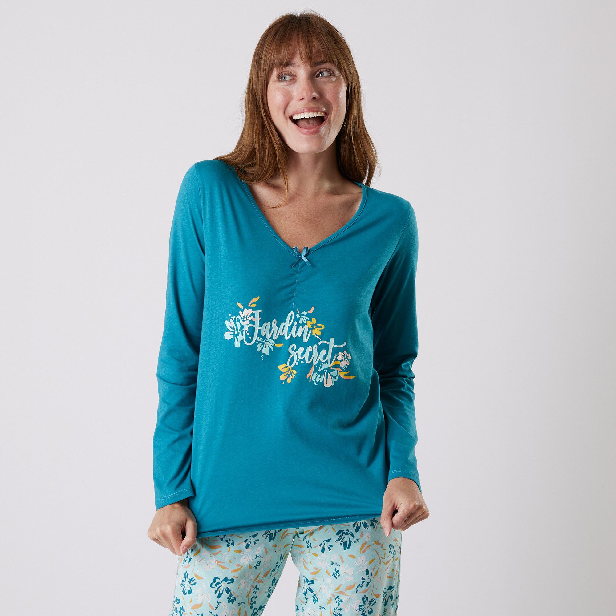 Tee-shirt pyjama manches longues imprimé placé 