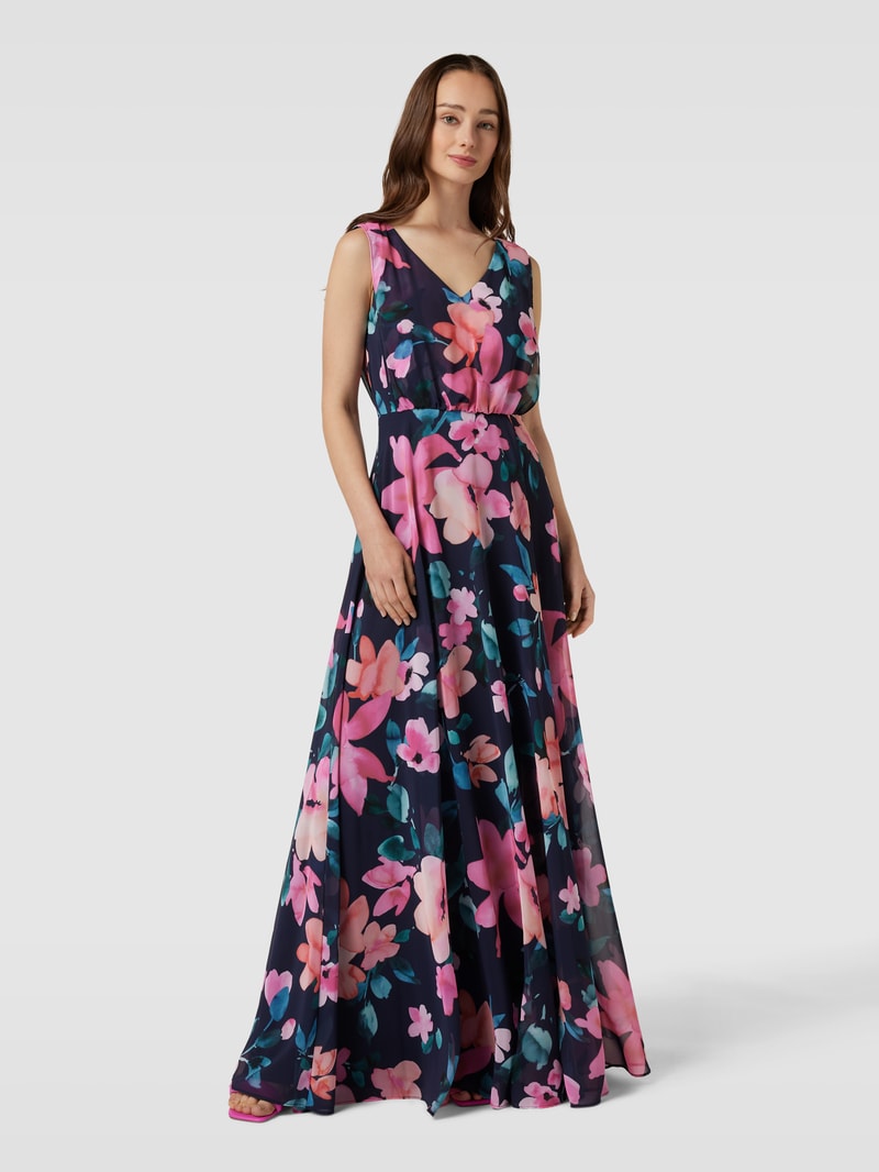 Abendkleid mit floralem Allover-Print in marineblau meliert