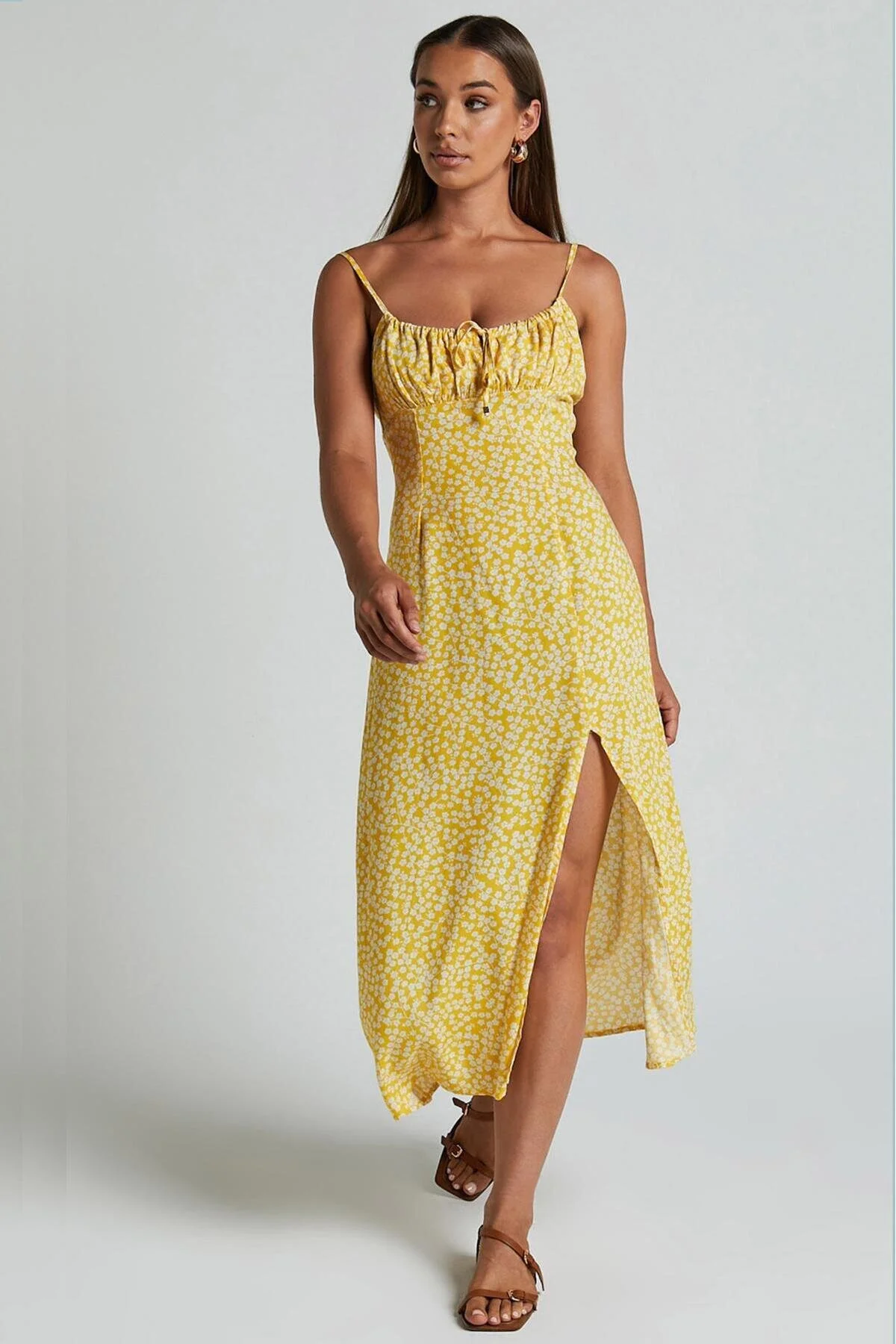 Madmext  Gelbes gemustertes langes Trägerkleid MG2025
