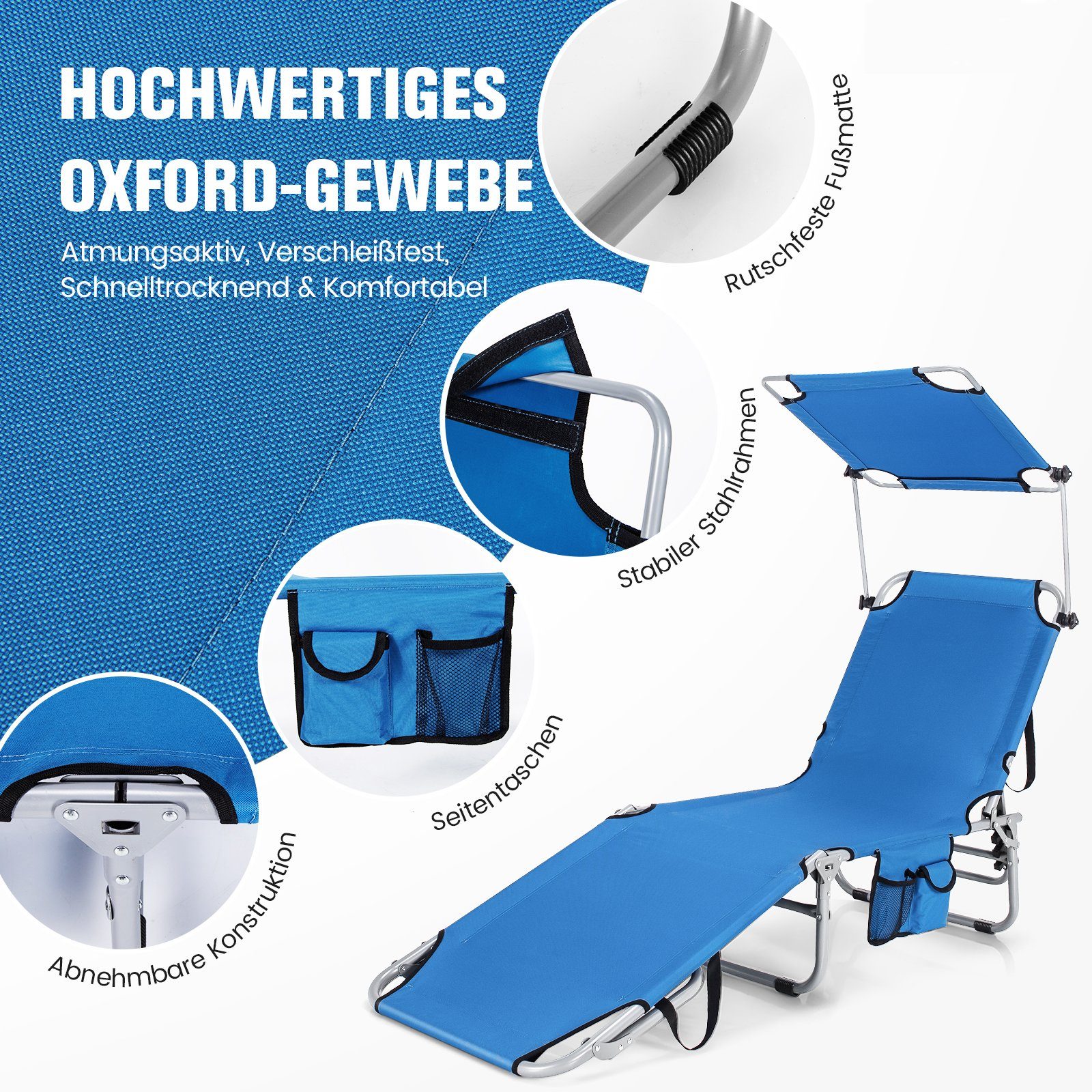 COSTWAY Gartenliege Sonnenliege, mit 5 verstellbaren Rückenlehne & Dach