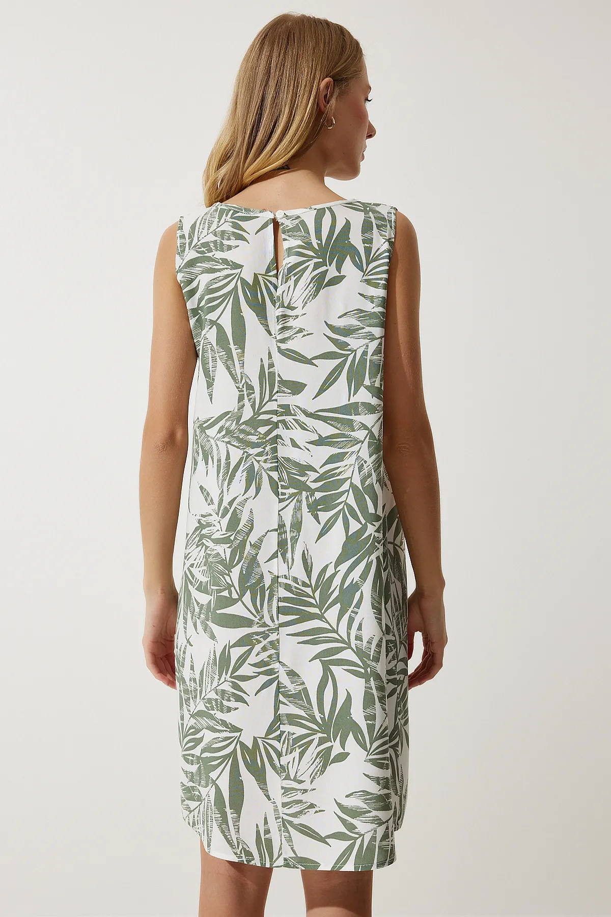 Happiness İstanbul  Grünes gemustertes Leinen-Viskose-Minikleid für Damen BH00343