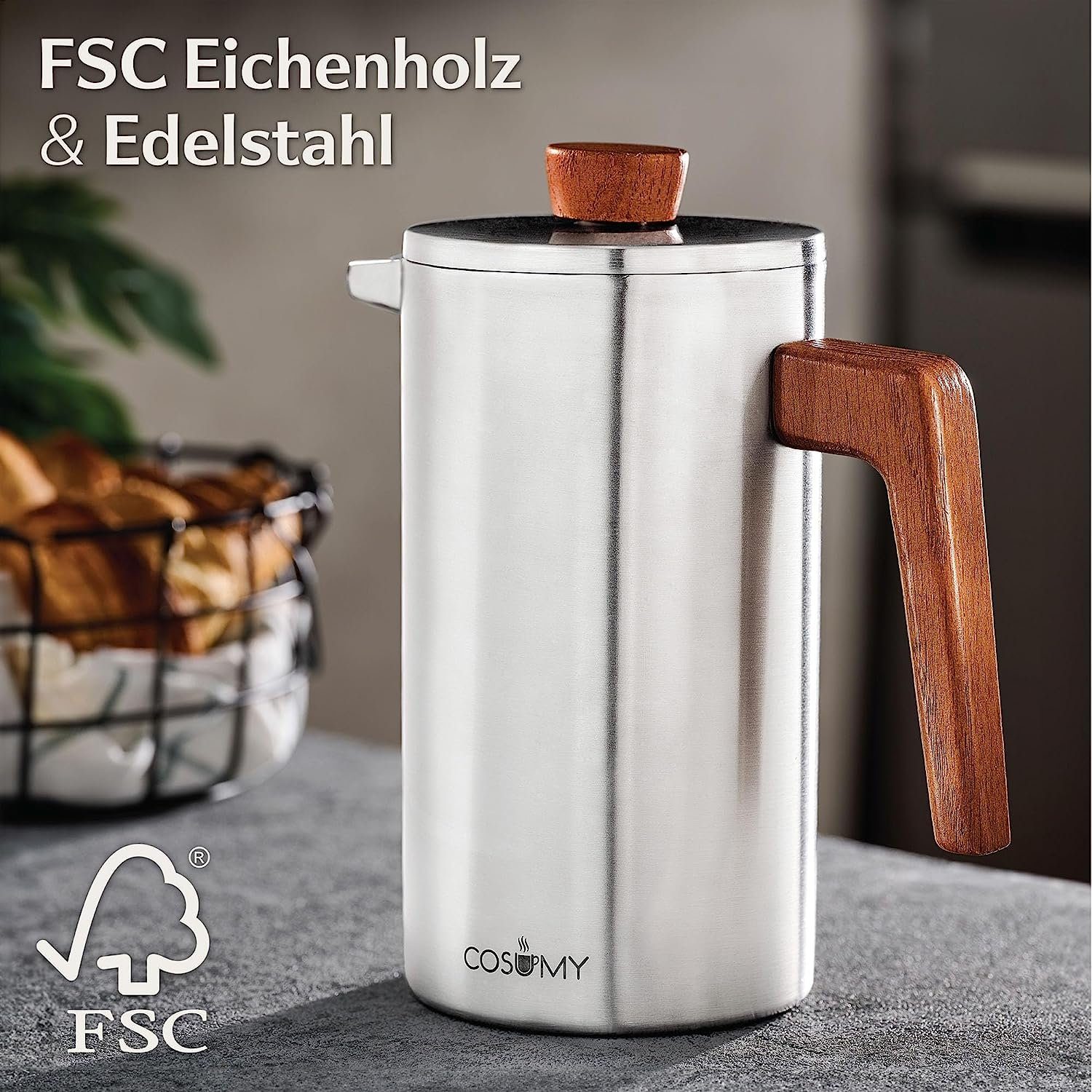 Cosumy French Press Kanne Edelstahl Kaffeekanne, Edelstahlfilter