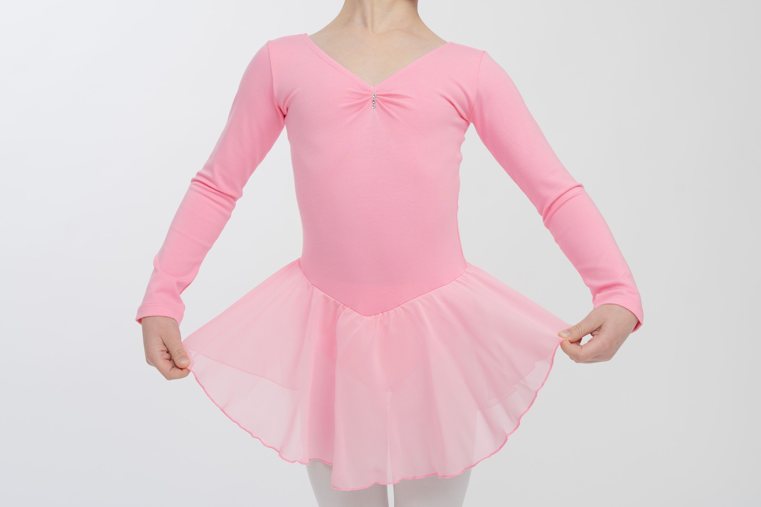 tanzmuster Chiffonkleid Ballettkleid Anna mit Glitzersteinen Mädchen Ballettbody mit Chiffon Röckchen