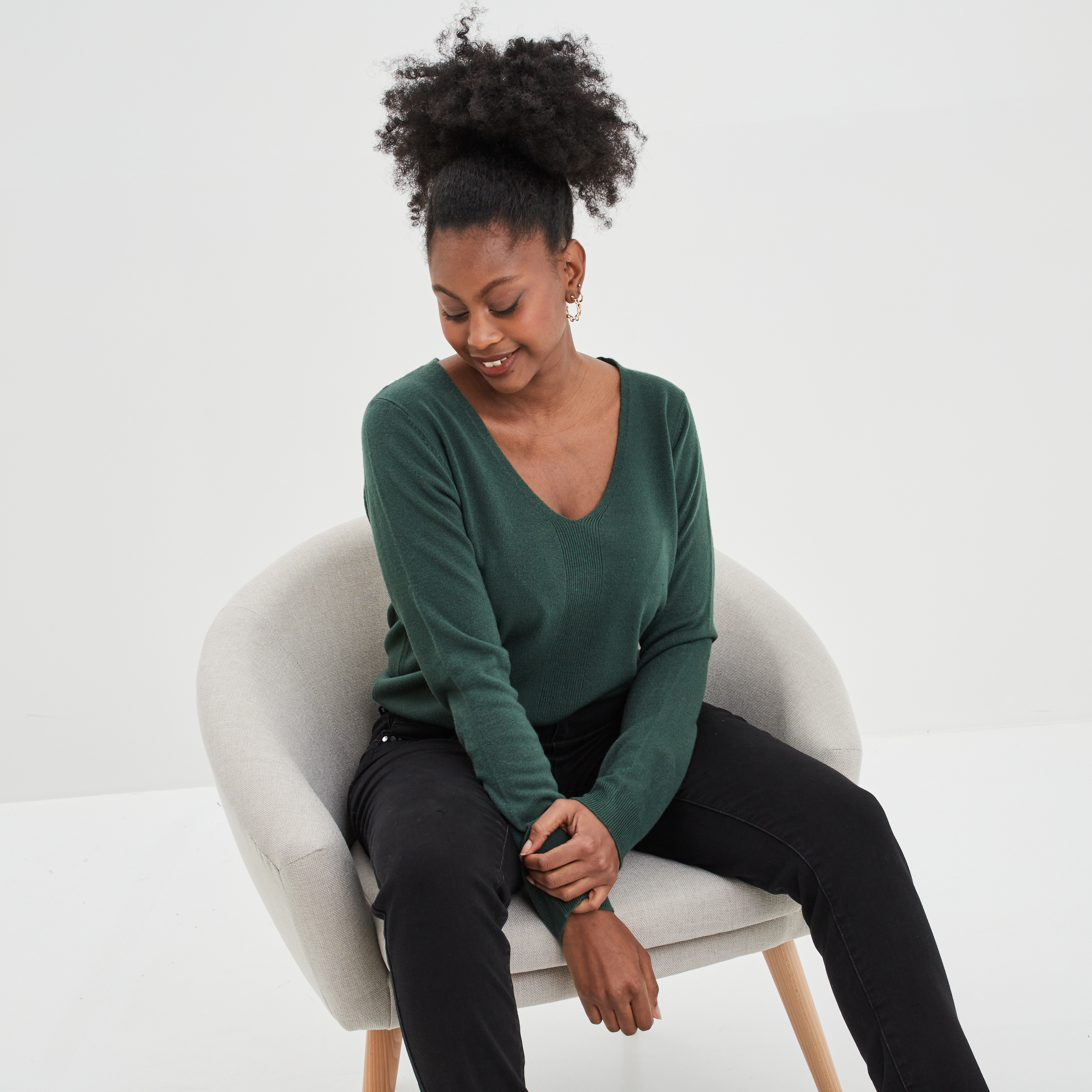 Pull col V manches longues vert foncé femme | La Halle