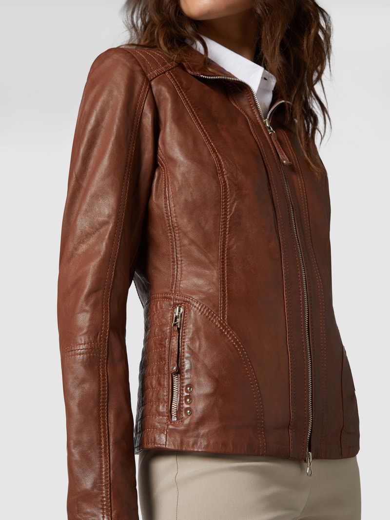 Lederjacke mit variablem Stehkragen in cognac