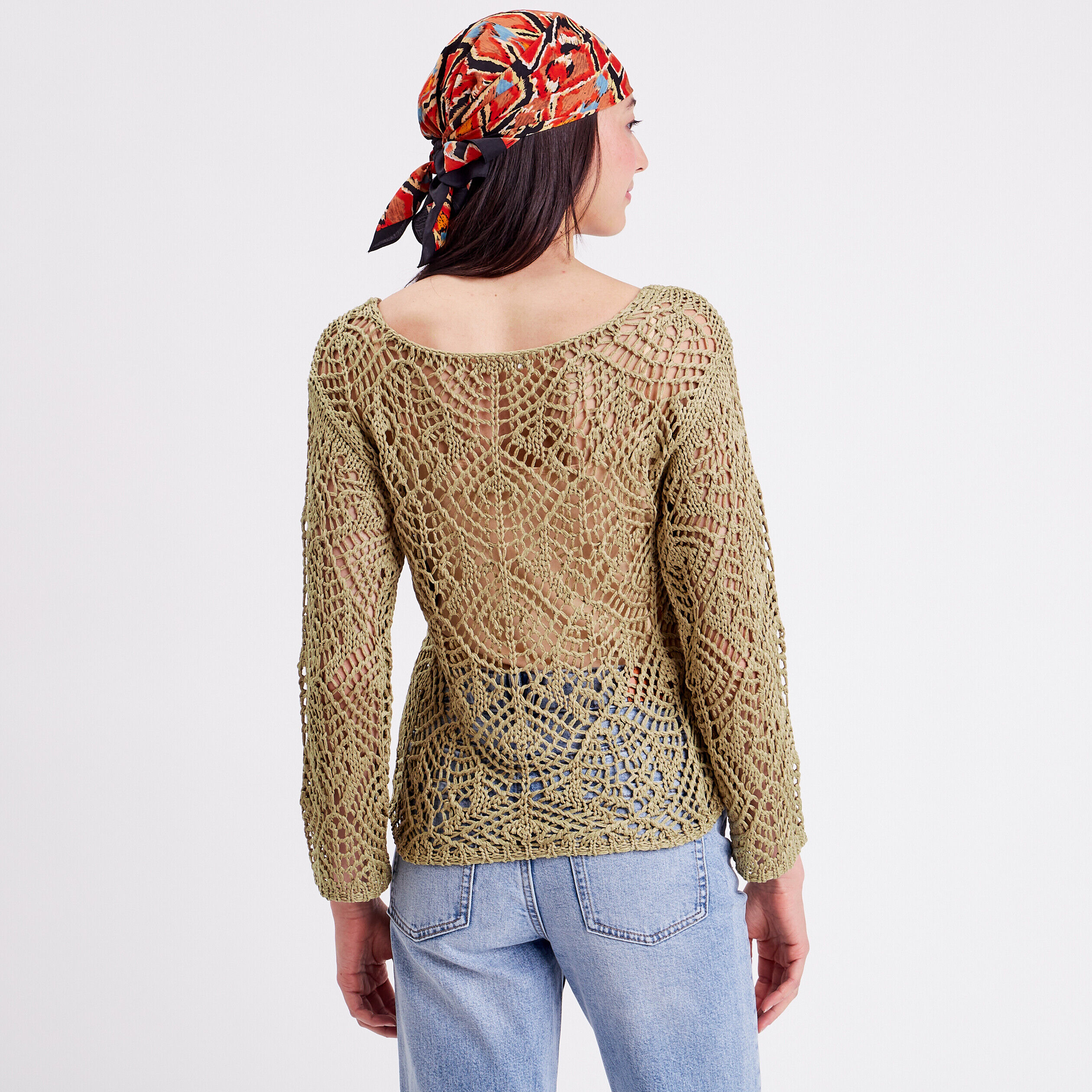 Pull crochet manches longues vert kaki femme | Cache Cache