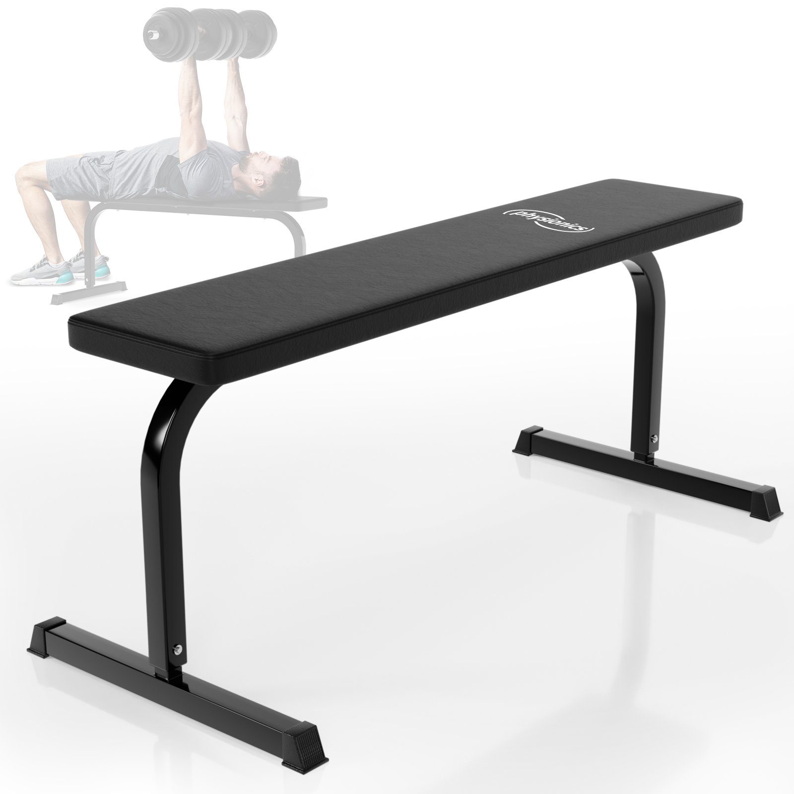 Physionics Hantelbank Flachbank - 115/51/48 cm, bis 200kg belastbar, Stahl, Schwarz - Multifunktion Hantelbank, Trainingsbank, Drückerbank, Fitnessbank für Zuhause, Bankdrücken, Krafttraining, Bauchtrainer