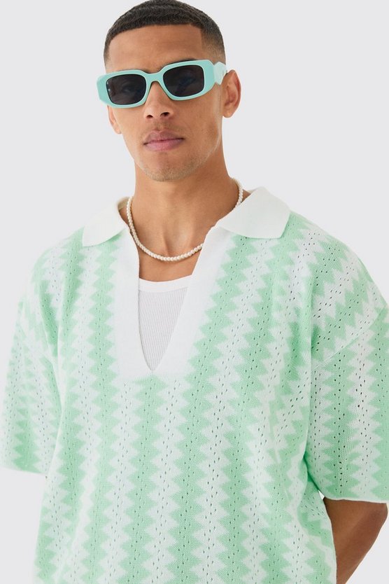 Kastiges gestreiftes Oversize Poloshirt in Weiß