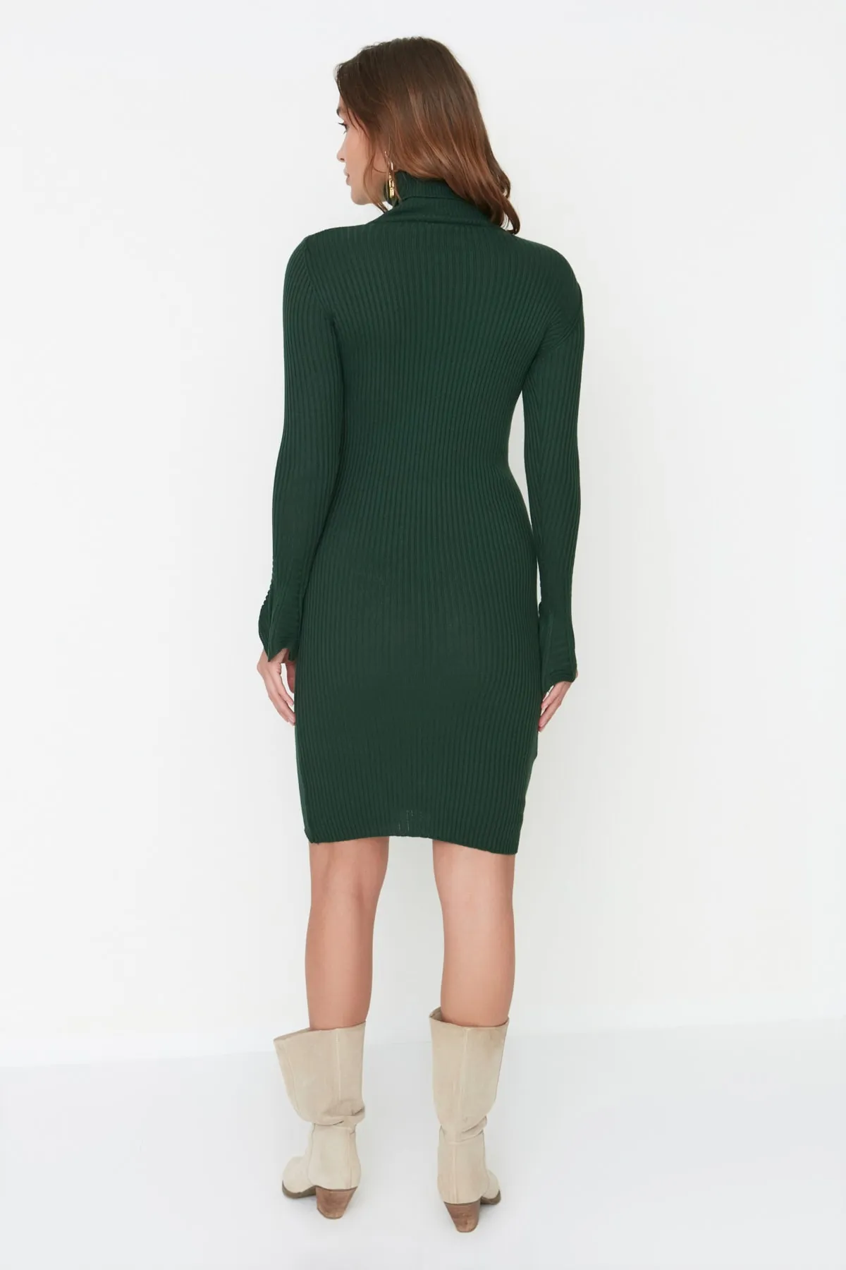 Trendyol Collection  Smaragdgrünes Mini-Strickkleid mit Volantärmeln TWOAW20YN0005