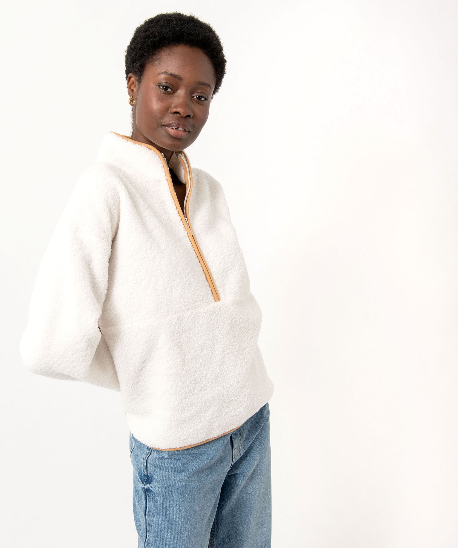 Sweat en maille bouclette avec col zippé femme ecru | GEMO