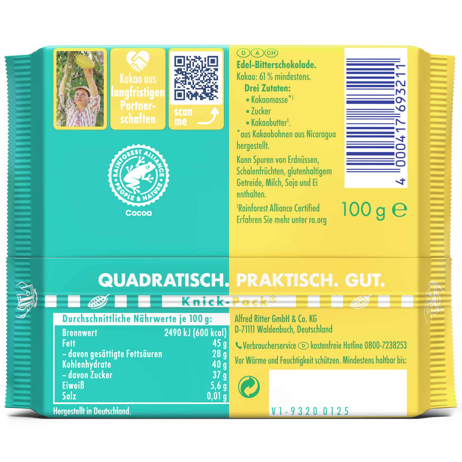 Ritter Sport Kakao-Klasse 61% Die Feine aus Nicaragua 100g