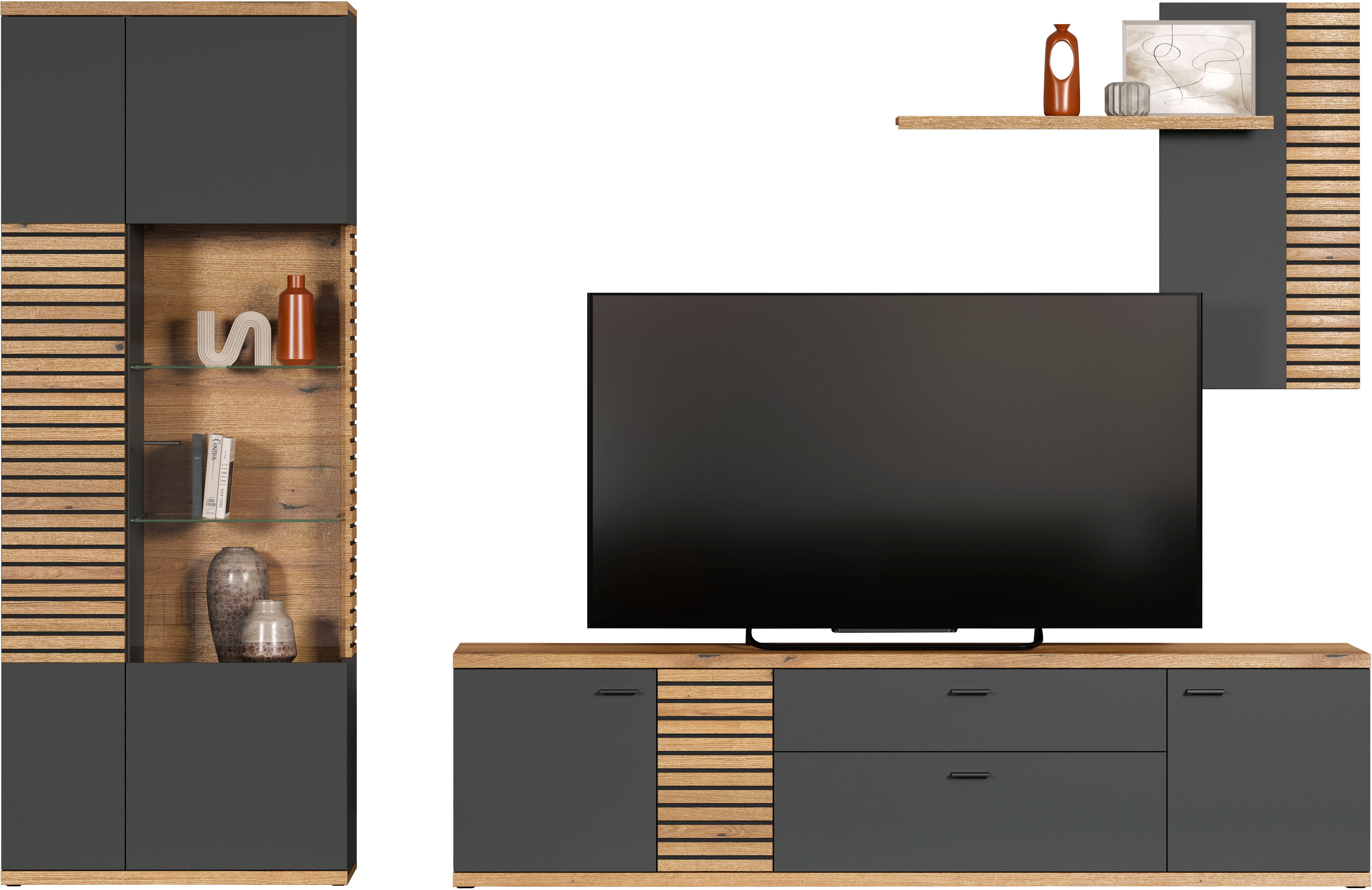 INOSIGN Wohnwand NORRISWW, (Set, 3-St), Wohnwand-Set in Anthrazit mit Coast Evoke Eiche, Türen mit Soft-Close