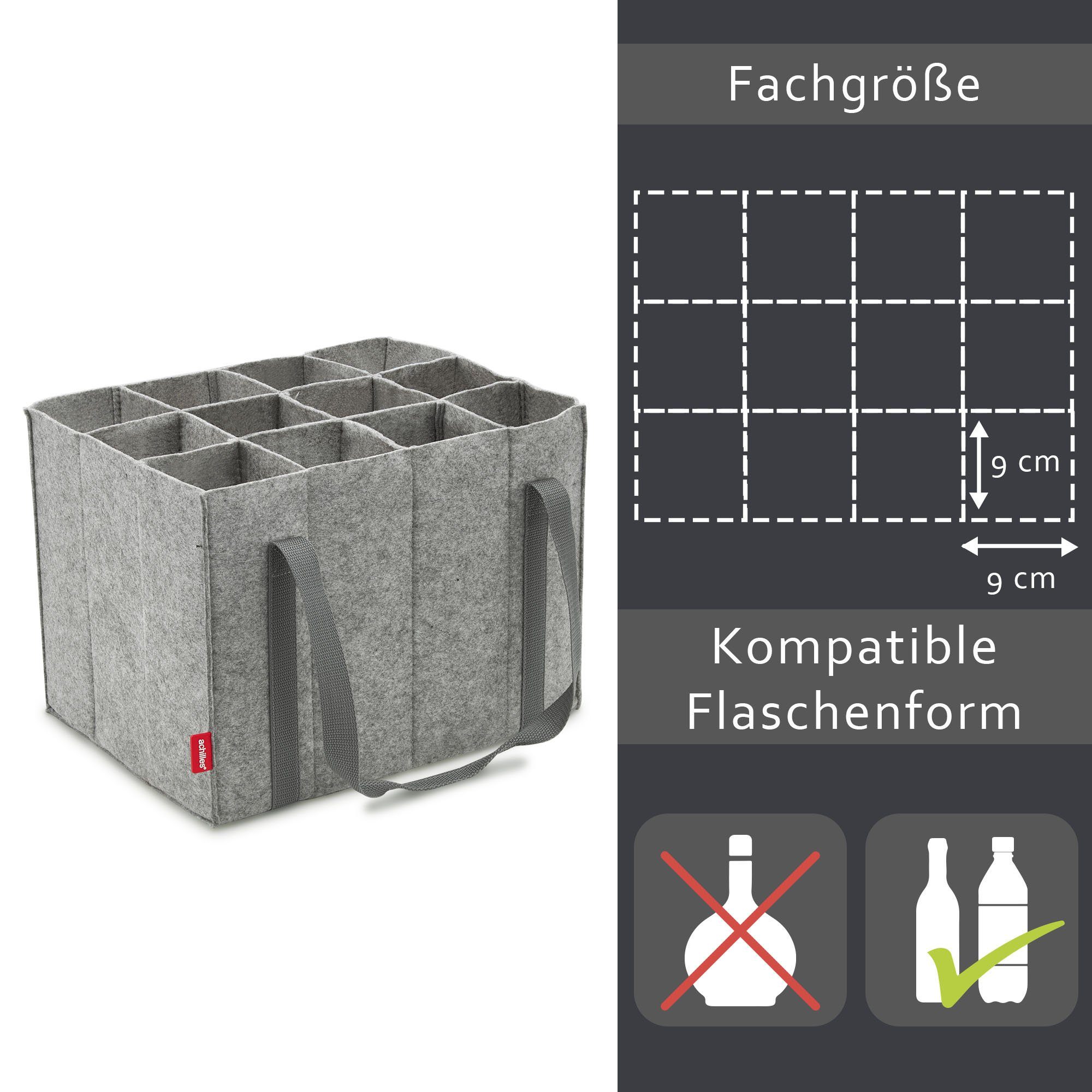 achilles Flaschenkorb Flaschentasche mit 12 Fächer, Auch für 1,5 Liter Flaschen, Flaschen Tasche aus Filz, 100% recycelt 36 cm x 27 cm x 27 cm
