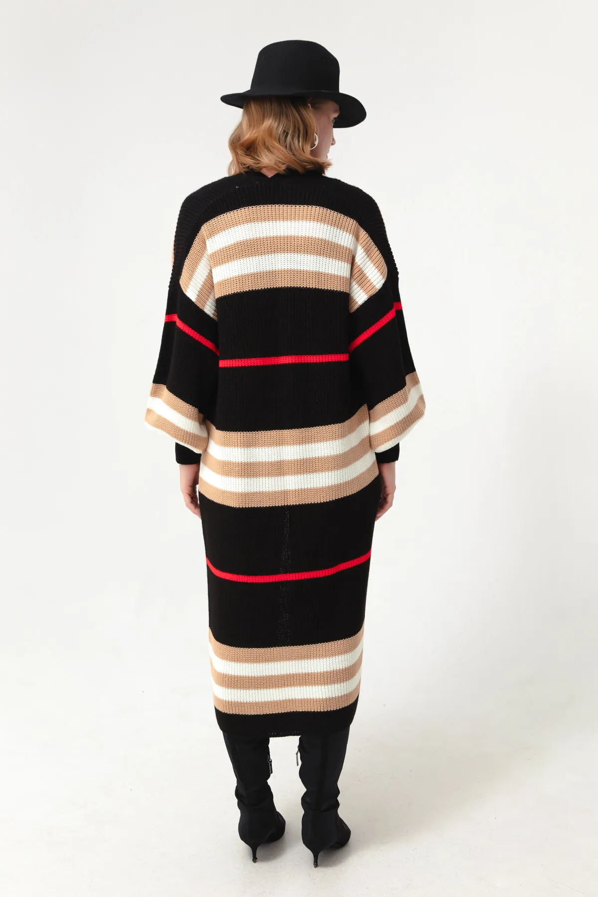 Lafaba  Schwarz-brauner langer Strick-Cardigan mit Ballonärmeln für Damen
