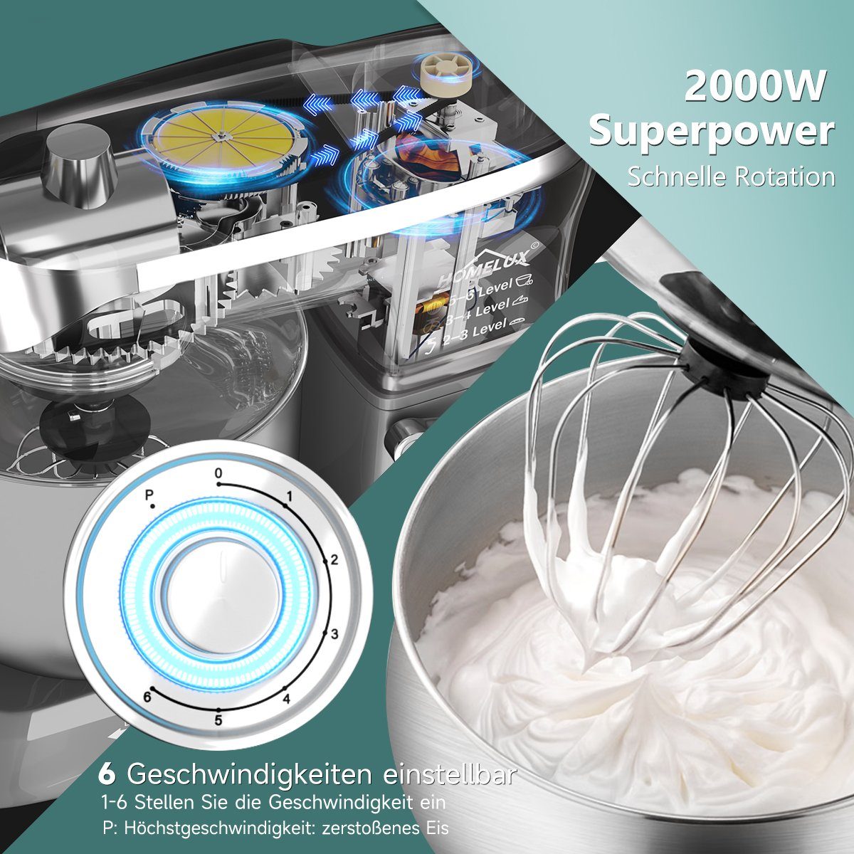 HOMELUX Küchenmaschine 3in1 Multifunktions Standmixer, 2000 W, 5 l Edelstahlschüssel, 2000,00 W, 5,00 l Schüssel, 6 Geschwindigkeiten Knetmaschine, Fleischwolf, Rührmaschine