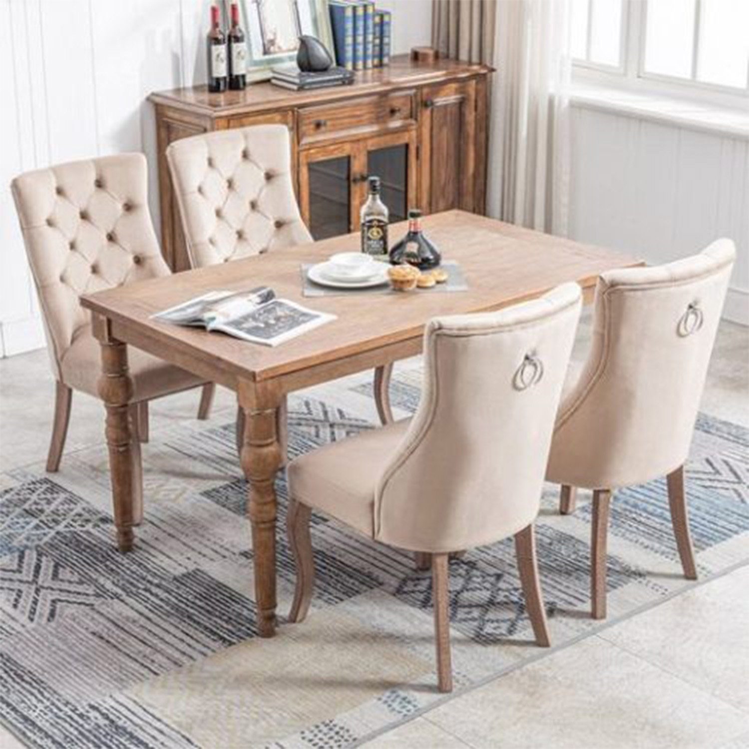 YANN 4-Fußstuhl 4-Fußstuhl, Stuhl Beige Samt Esszimmerstuhl,hohe Rückenlehne (4 St), mit Knopfsteppung, Gestell aus Massivholz, Beige(Set, 4 St)