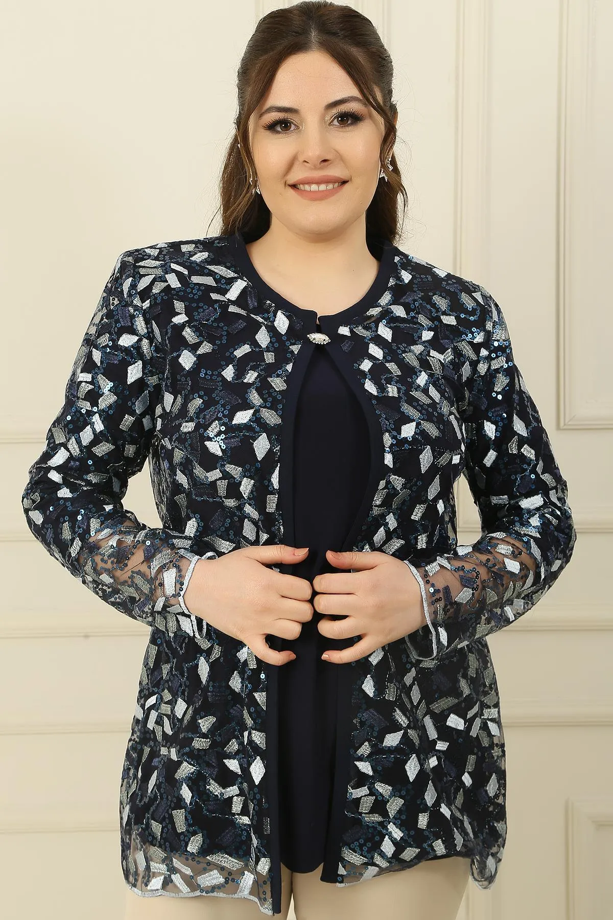 By Saygı  Tanktop mit Pinselmuster-Stickerei, bestickte Jacke, große Größe, 2-teiliges Set
