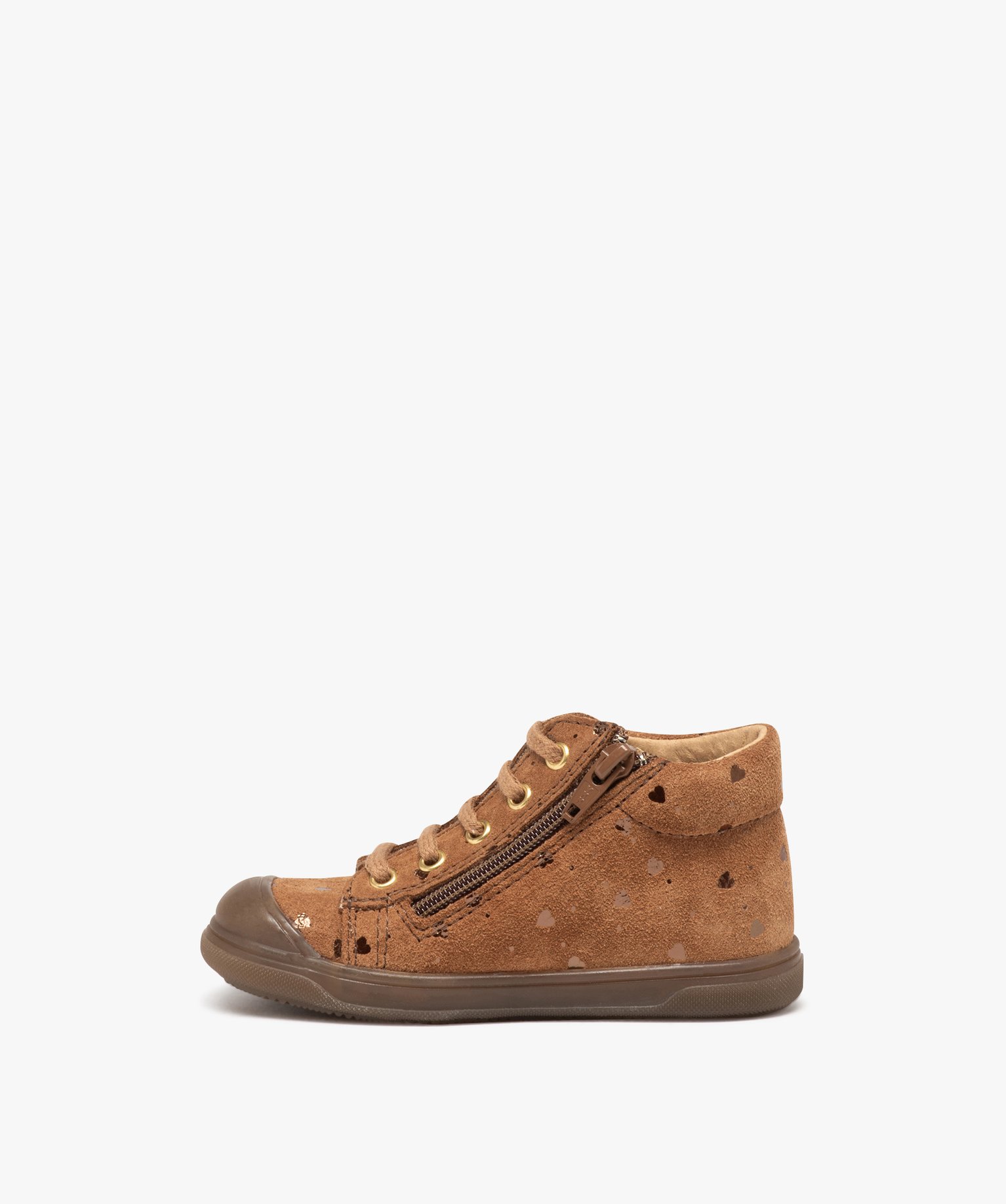 Baskets bébé fille mid-cut en cuir et à petits coeurs - NA! camel | GEMO