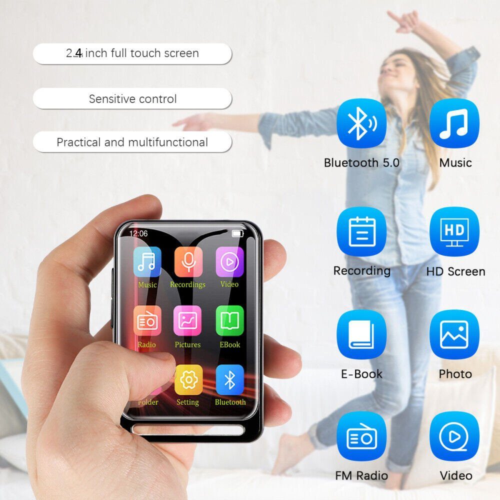 ERHWIO Musik-Player Bluetooth5.0 MP3 verlustfrei 2,4-Zoll-Vollbild MP3-Player (Bewegungsunterstützung für UKW-Radiorecorder 55h)