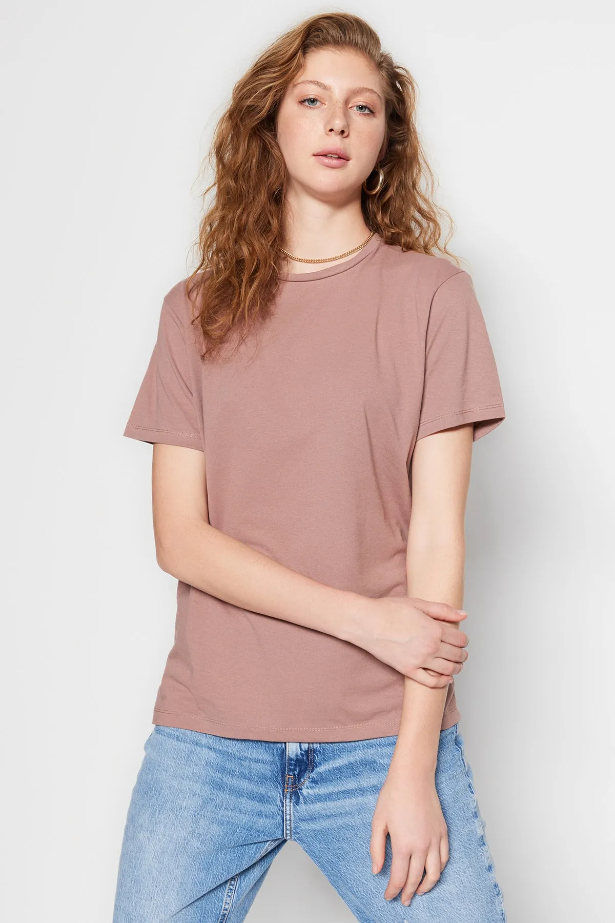 Trendyol Collection  Nerzfarbenes, übergroßes/weites Rundhals-Strick-T-Shirt aus 100 % Baumwolle TWOSS20TS0134