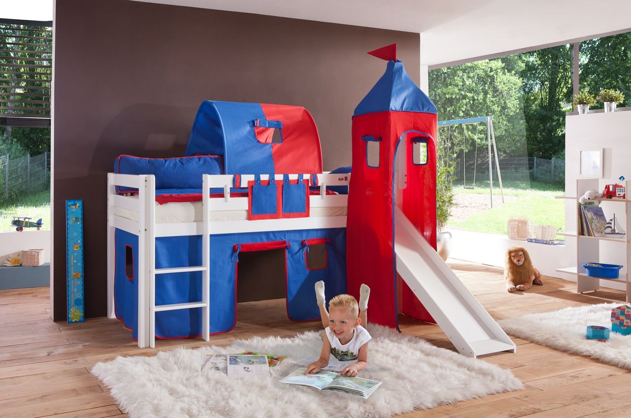 Relita Halbhohes Spielbett ALEX mit Rutsche/Turm/Tunnel Buche massiv weiß lackiert mit Stoffset blau/rot