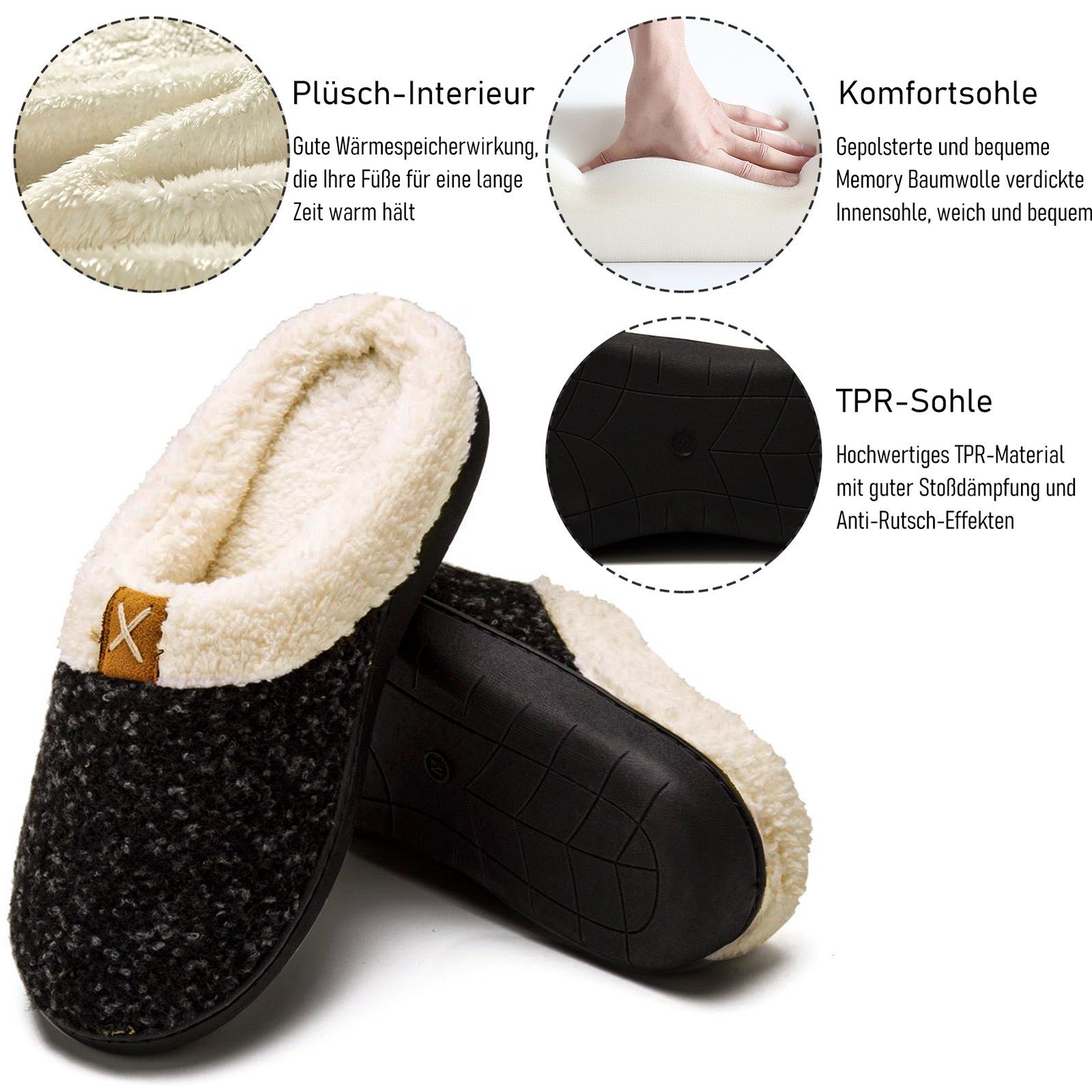 CALIYO Hausschuhe Damen warme Plüsch Slippers, weiche und bequeme Pantoffeln Hausschuh Plush Fleece Lined House Shoes w/Indoor, Outdoor Anti-Skid Rubber Sole