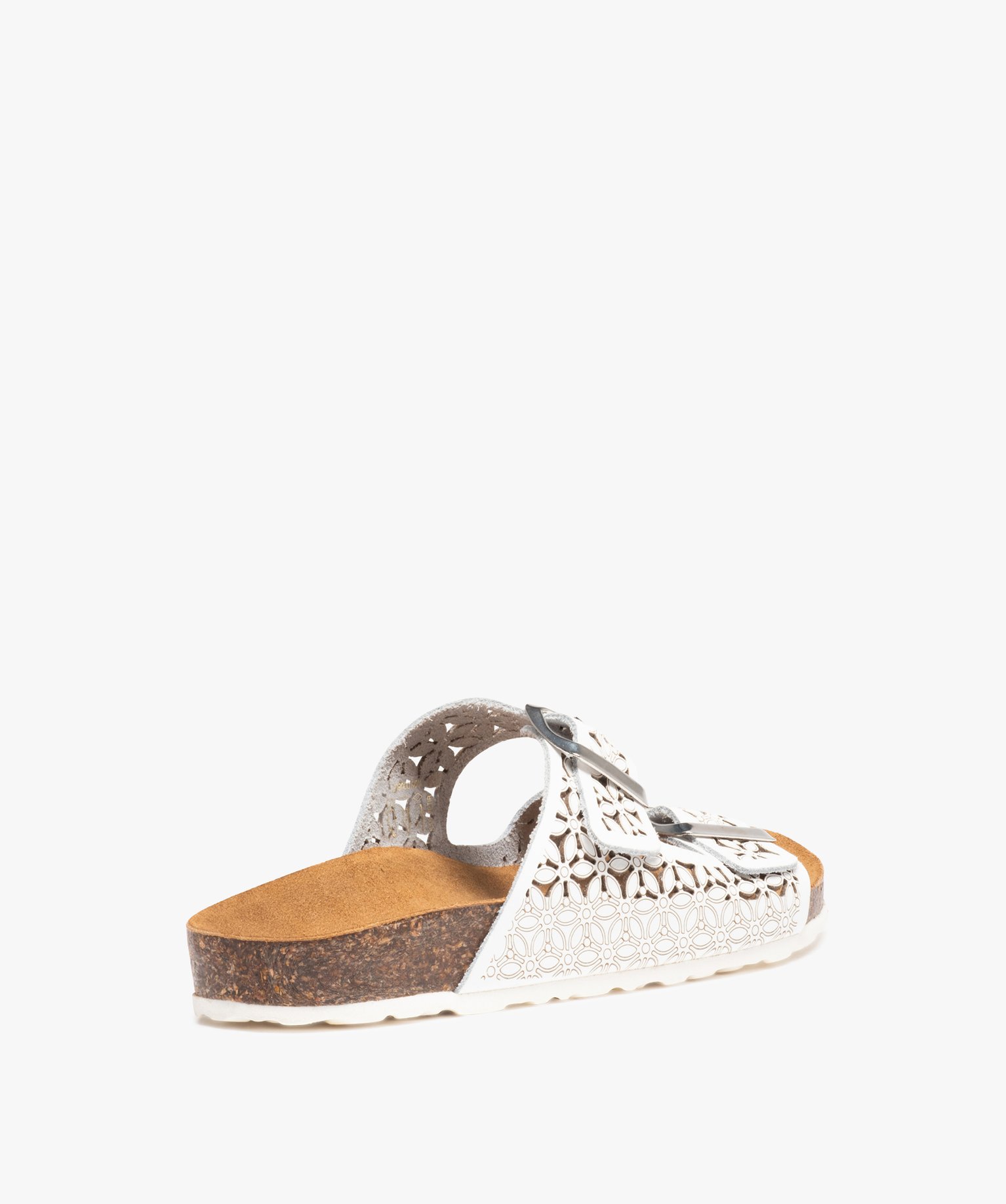 Mules femme à talon plat à double brides ajustables en cuir blanc | GEMO