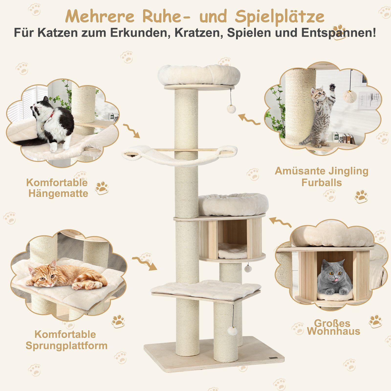 COSTWAY Kratzbaum, 174 cm mehrstöckige Katzenbaum, aus Massivholz