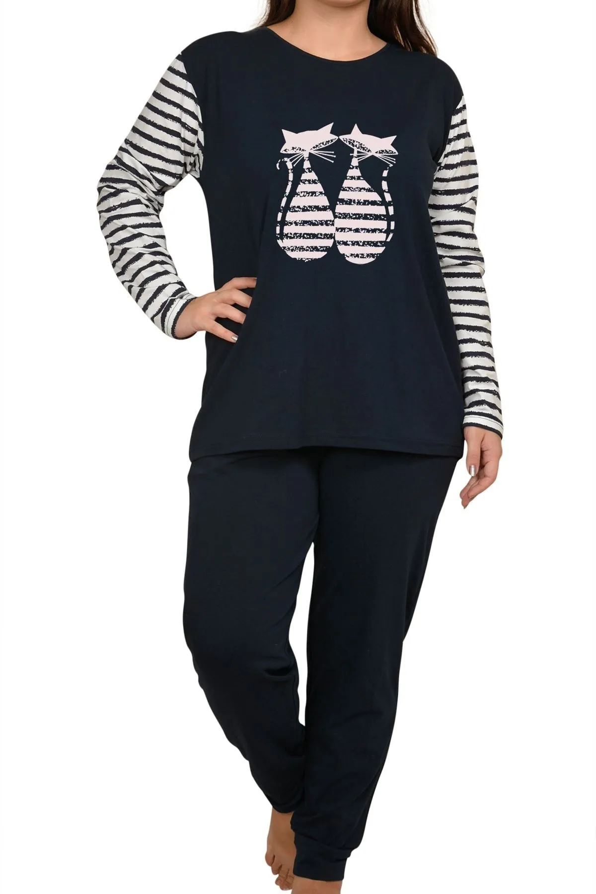 Nicoletta  Damen-Pyjama-Set mit langen Ärmeln, Taschen aus Baumwolle und Lycra, Marineblau