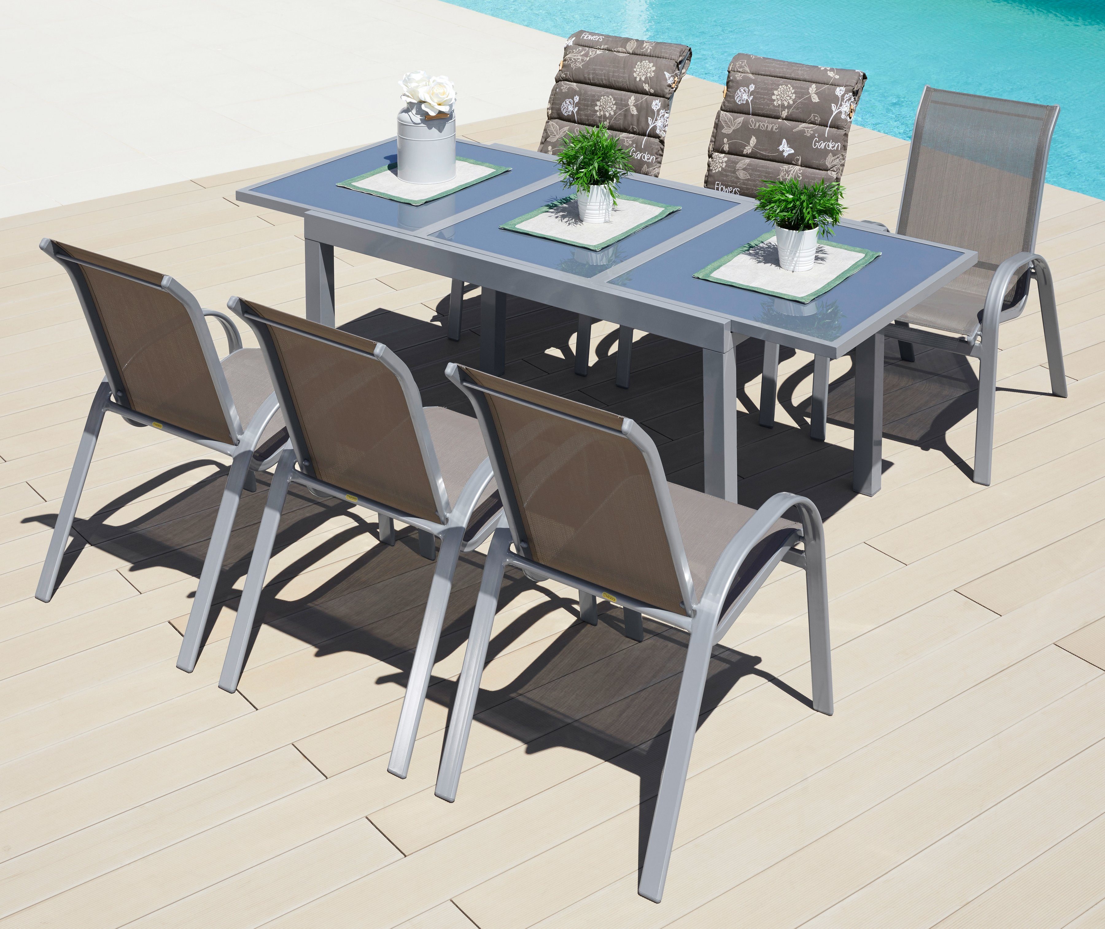 MERXX Garten-Essgruppe Amalfi, (7-tlg), 6 Sessel, Tisch ausziehbar 90x140-200 cm, Alu/Textil