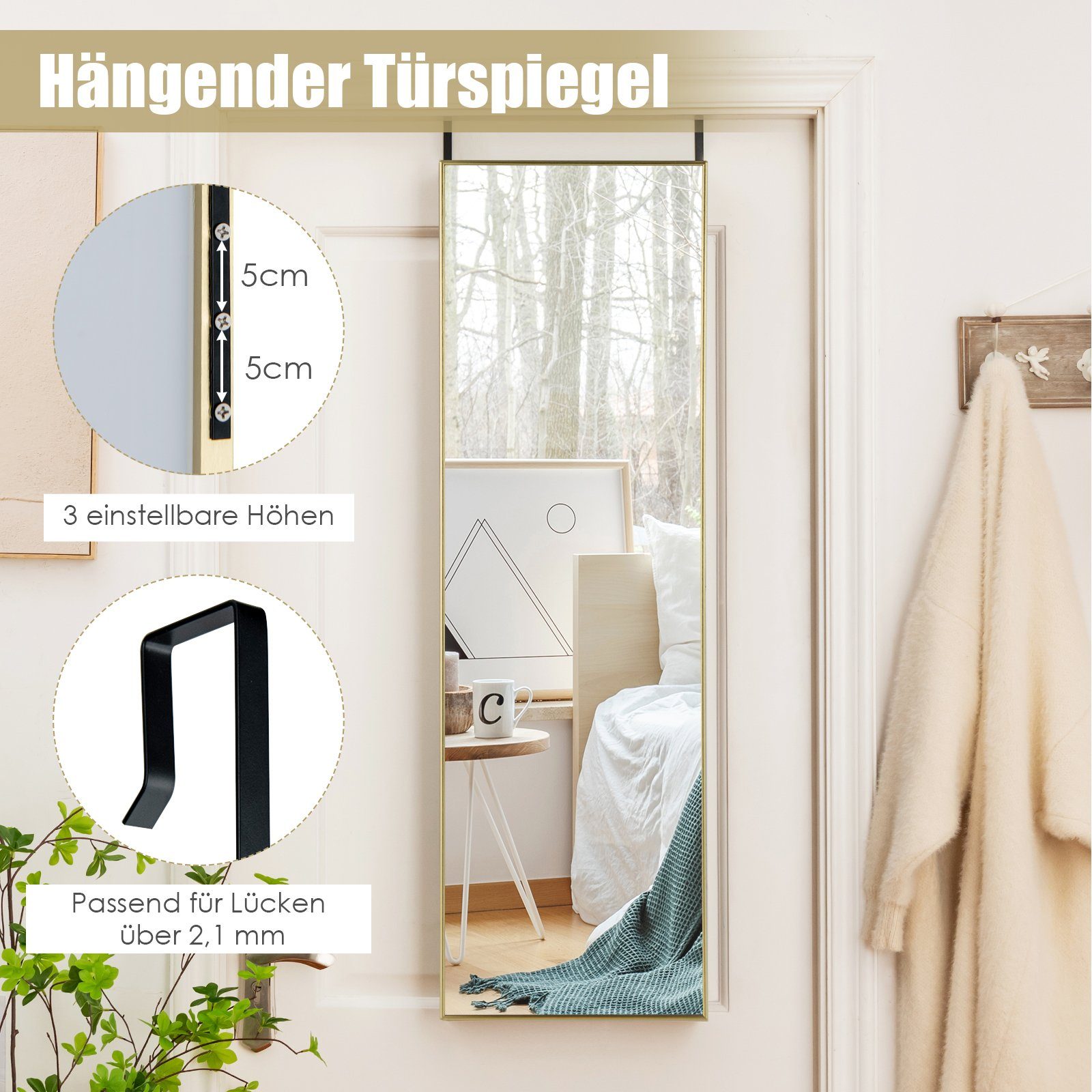 COSTWAY Wandspiegel, Ganzkörper, 37x120cm, höhenverstellbare Hängehaken, Alu