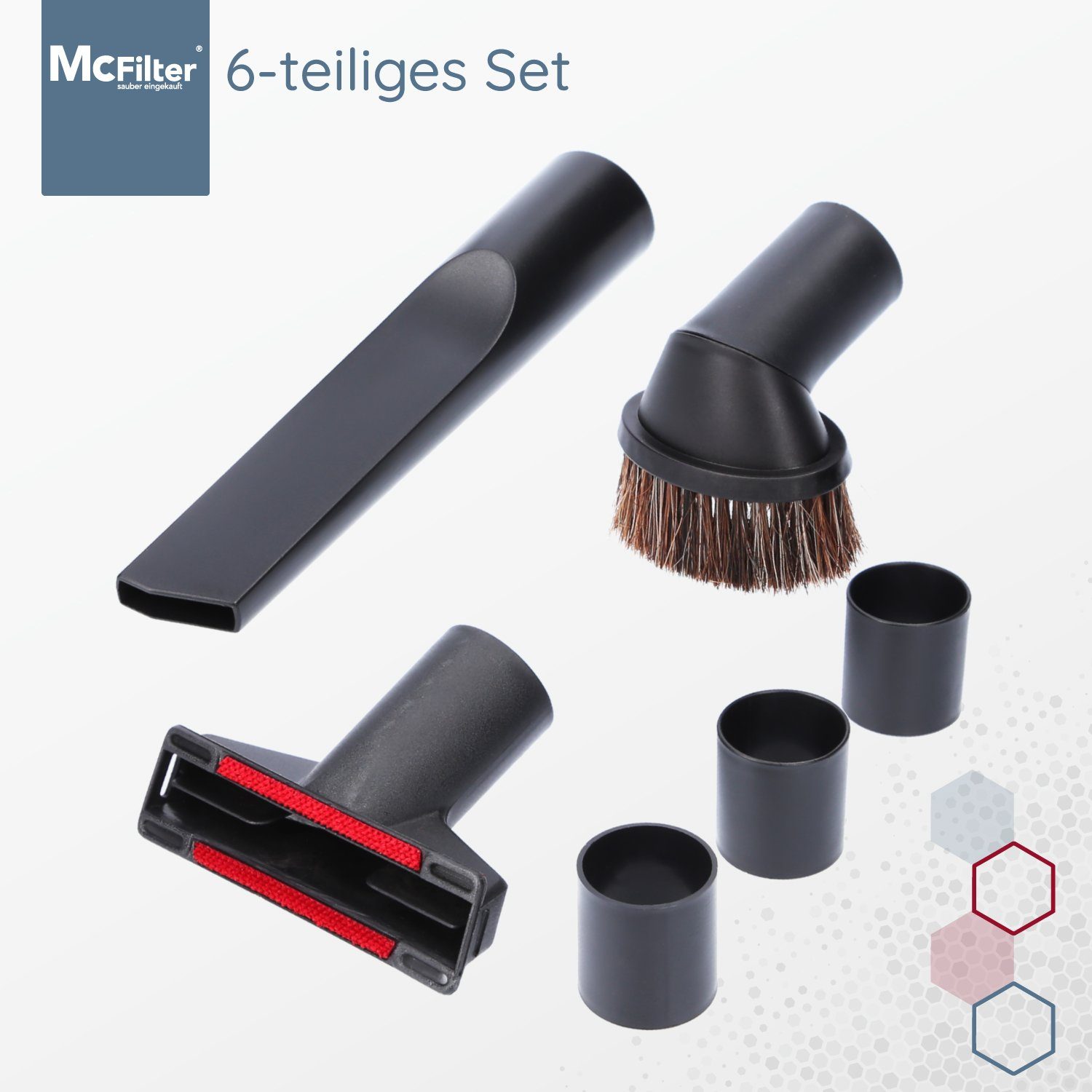 McFilter Staubsaugerdüsen-Set Universal 6-teilig, Zubehör für alle Staubsauger mit 32/35mm Anschlussdurchmesser, (6-tlg), enthält 1x Polsterdüse, 1x Fugendüse, 1x Möbelpinsel, inkl. Adapter