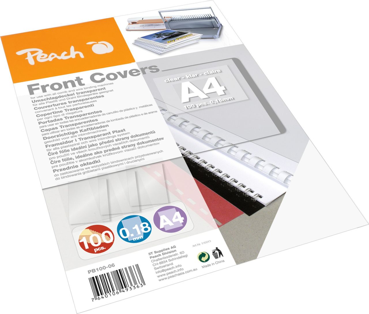 Peach Klarsicht Einbanddeckel, farblos, 0.18mm, A4, 100 Stk