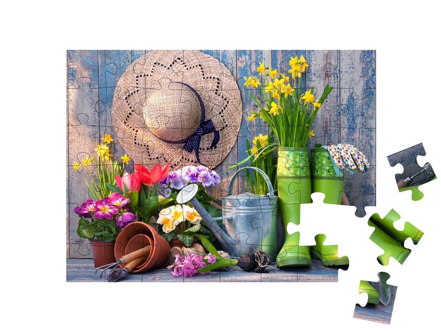 puzzleYOU Puzzle Gartengeräte und Blumen auf der Terrasse im Garten, 48 Puzzleteile, puzzleYOU-Kollektionen Garten
