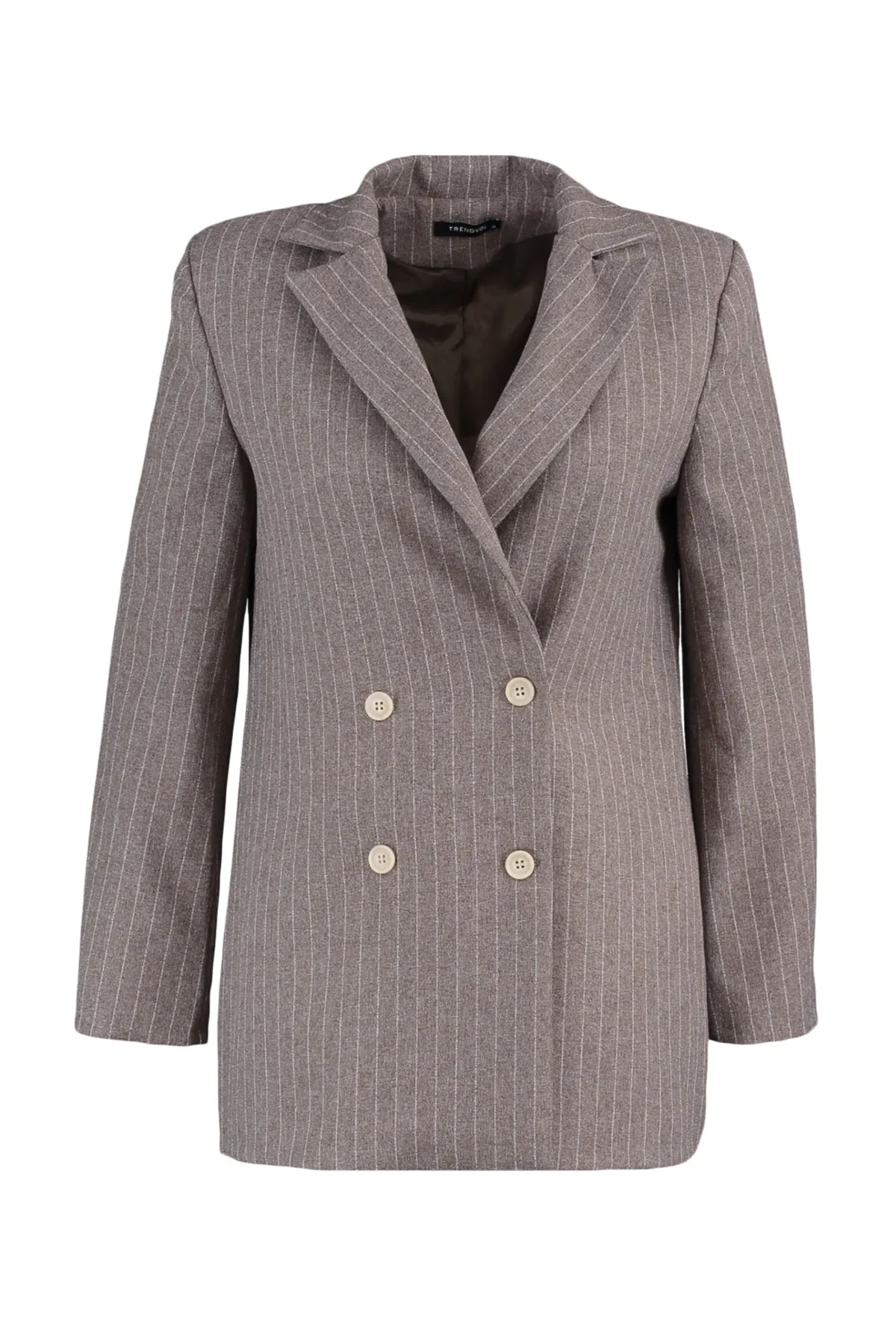 Trendyol Collection  Braune, regelmäßig gefütterte, zweireihige, gewebte Blazerjacke mit Streifenverschluss TWOAW23CE00100