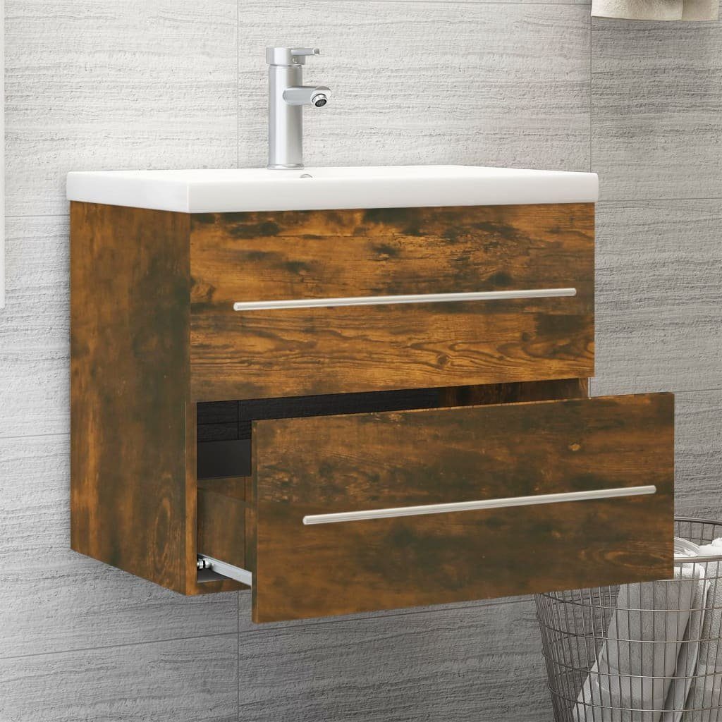 vidaXL Badezimmerspiegelschrank Waschbeckenschrank mit Einbaubecken Räuchereiche Holzwerkstoff (1-St)