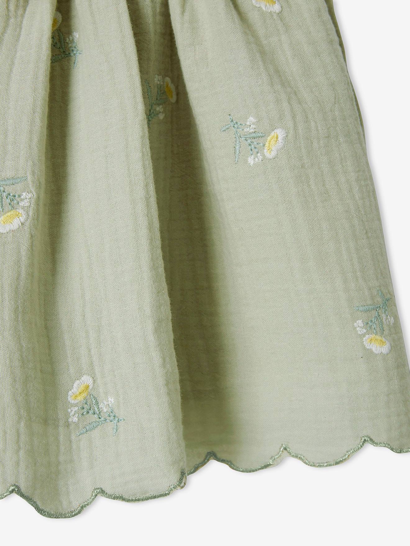Jupe brodée en gaze de coton fille vert d'eau imprimé