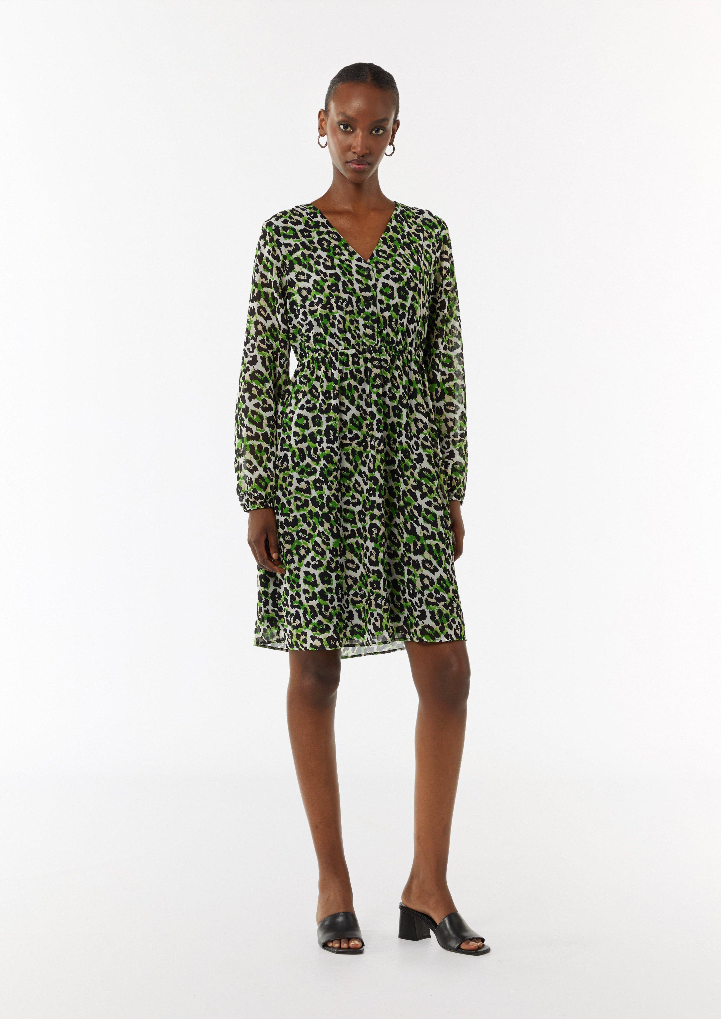 Kurzes Chiffon-Kleid mit Leo-Print und Knopfleiste - beige