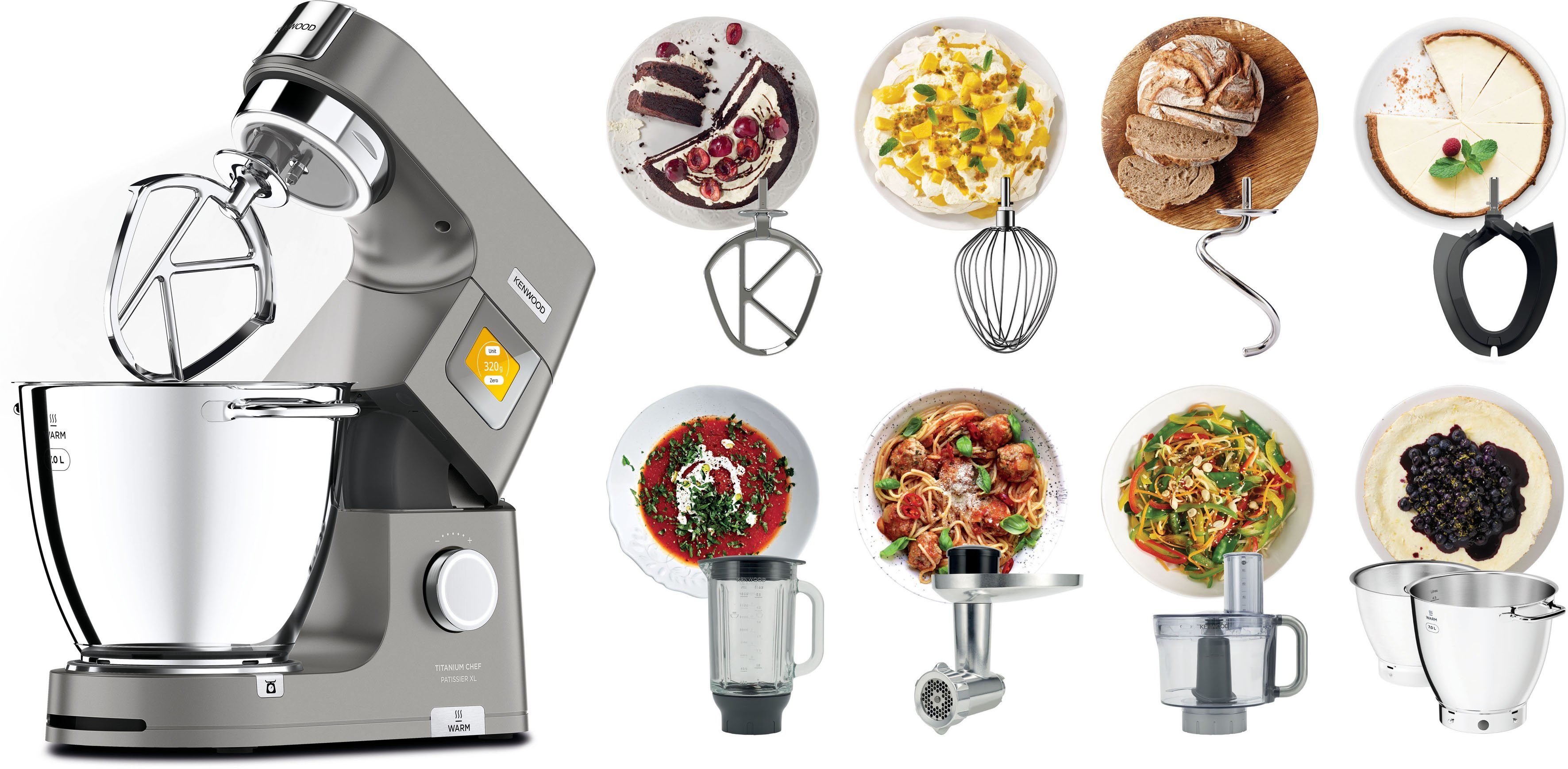 KENWOOD Küchenmaschine Titanium Chef Patissier XL KWL90.594SI, 1400 W, 7 l Schüssel, Wärmefunktion, zusätzliche 5 l Schüssel, inkl. umfangreiches Zubehör