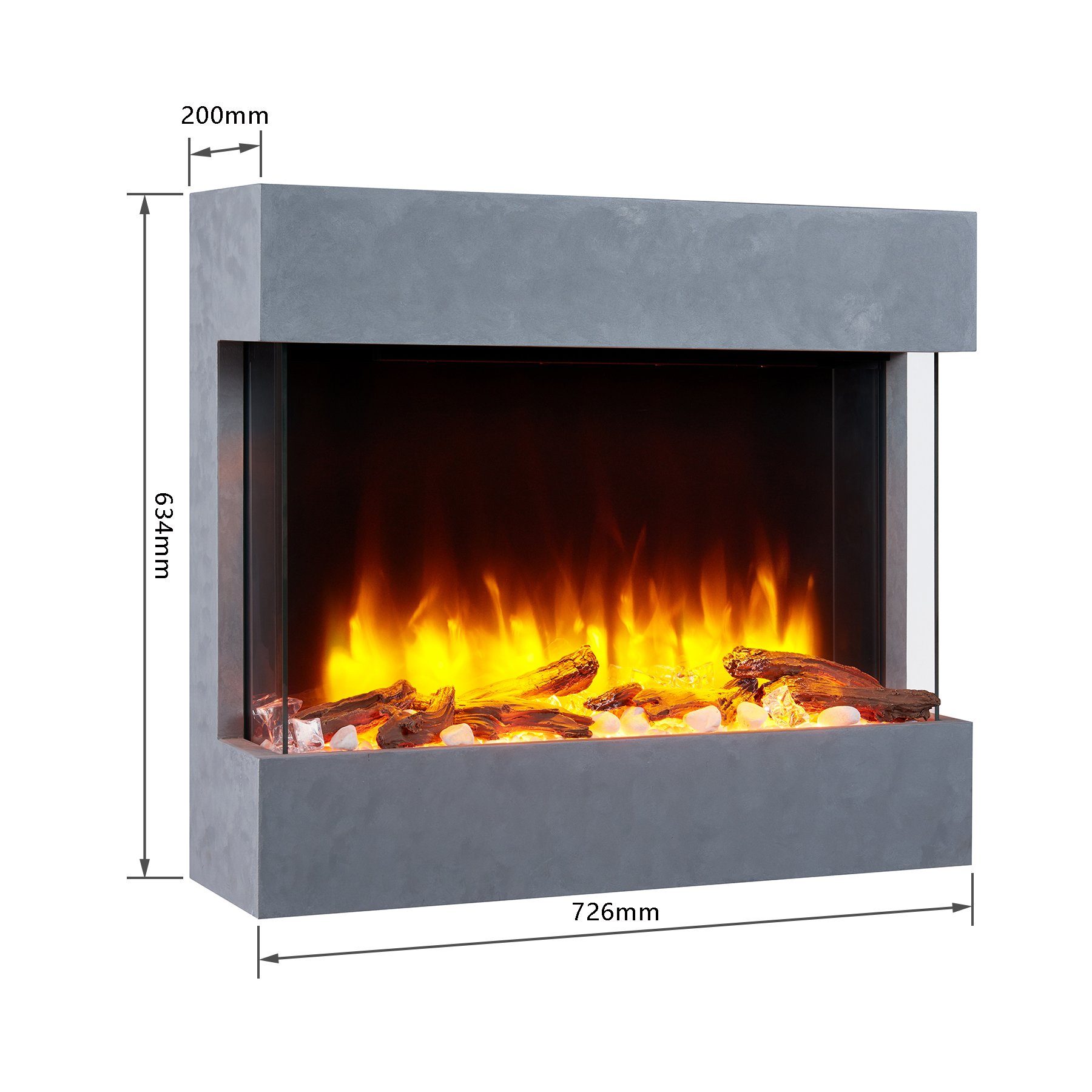 RICHEN Elektrokamin Alva, Wandkamin mit Heizung 2000W, 3D-Flammeneffekt, LED-Beleuchtung, Fernbedienung, Timer, Thermostat