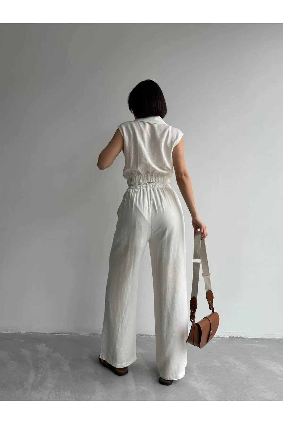 Laluvia  Ecrufarbenes Set aus Weste und Hose aus elastischem Leinen, 100 % Baumwolle