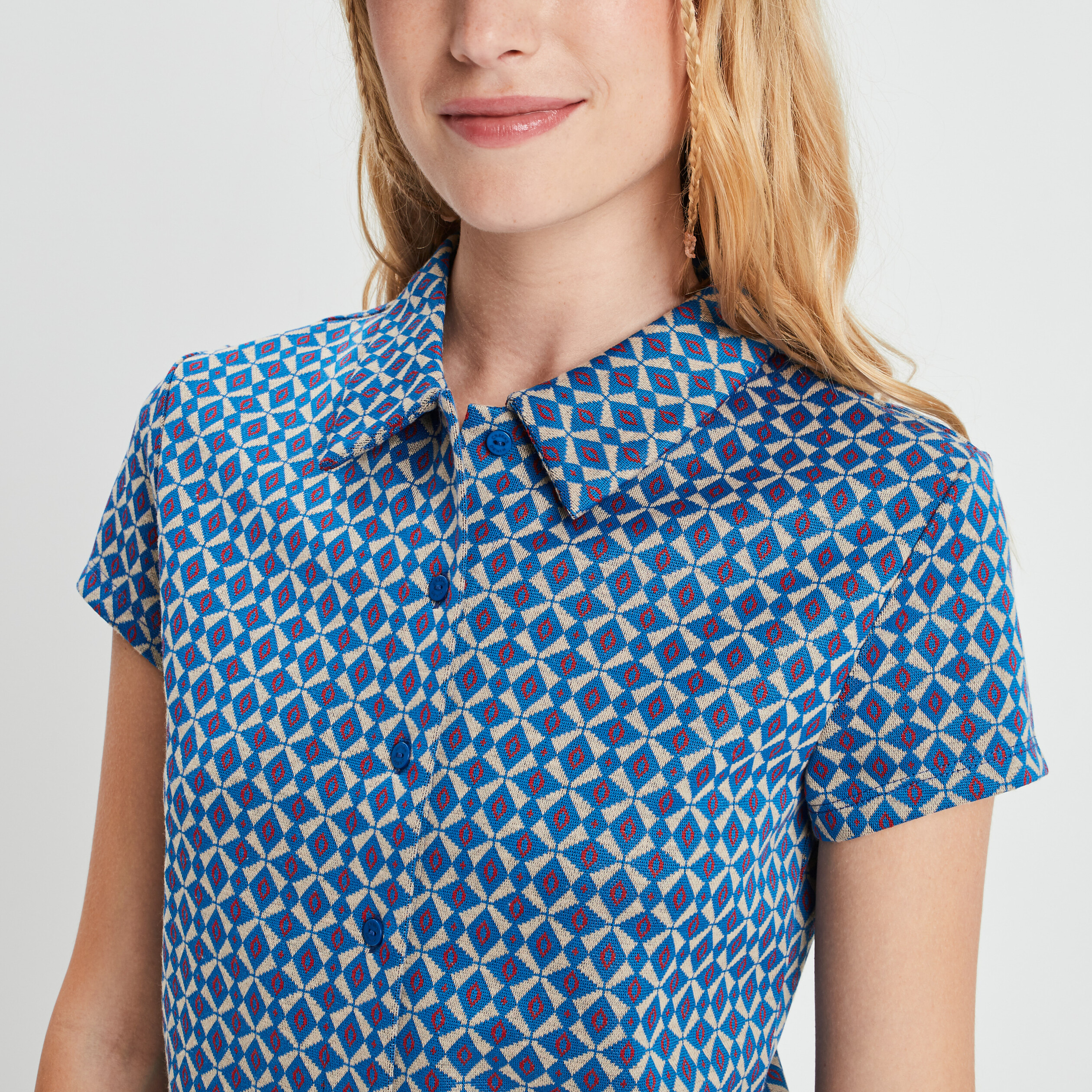 T-shirt cropped jacquard manches courtes bleu femme | La Halle