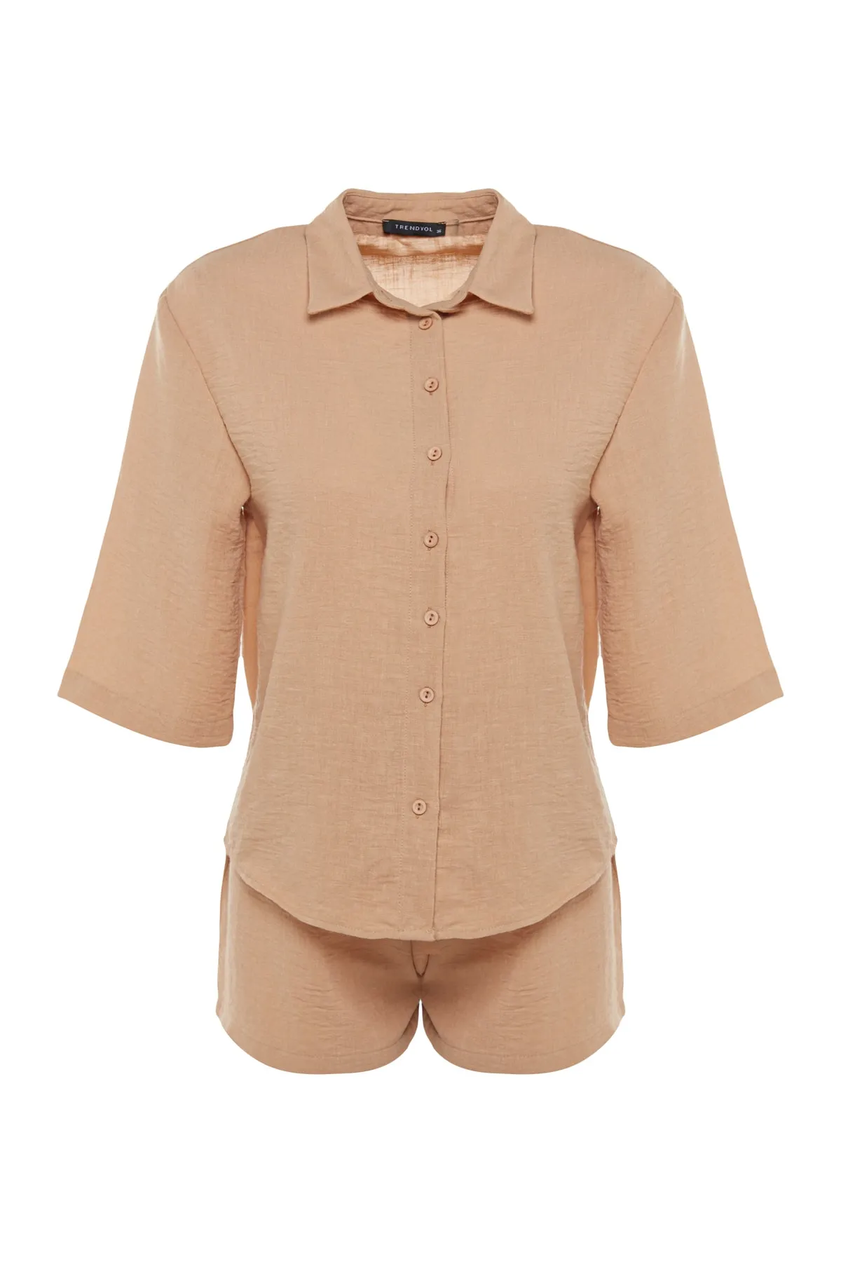 Trendyol Collection  Kamelfarbenes gewebtes Hemd-Shorts-Set TBESS23AU00050