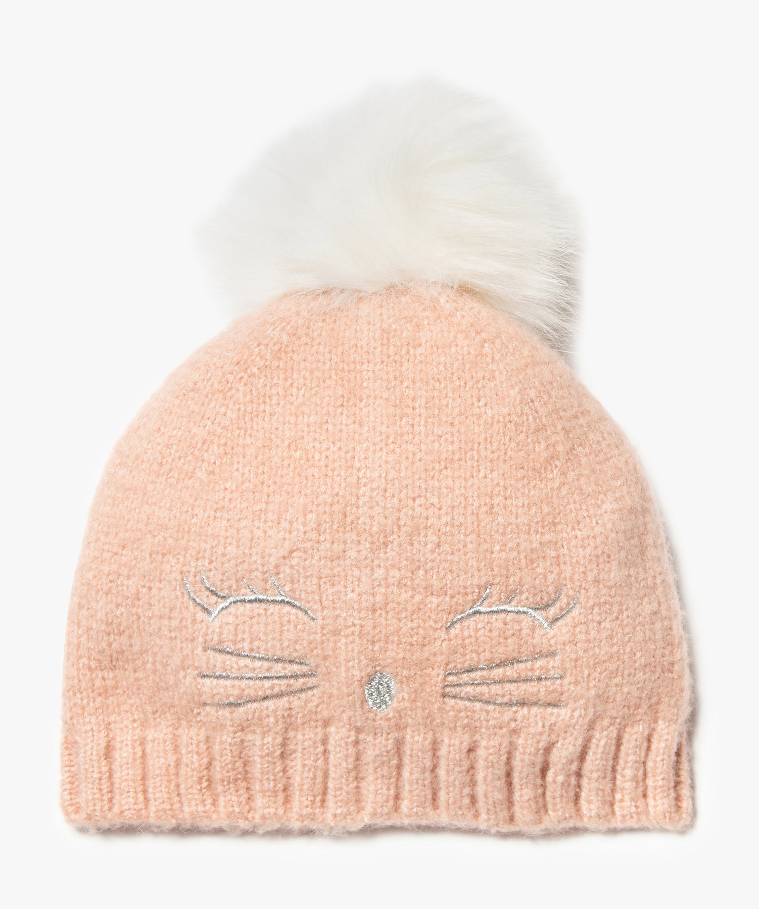 Bonnet fille avec pompon et broderie chat rose | GEMO